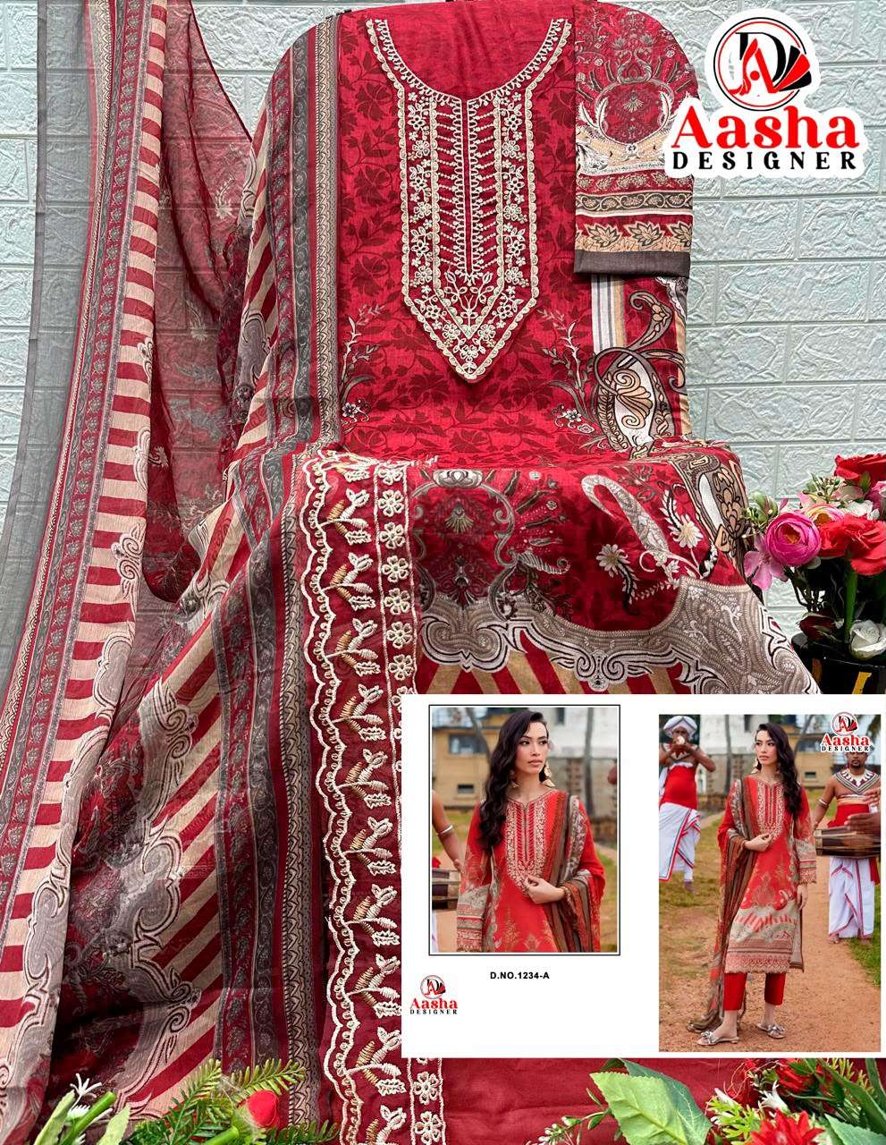 AASHA DESIGNER D NO 1234 COTTON PRINT WITH PATCH EMBROIDERY WORK SUIT
