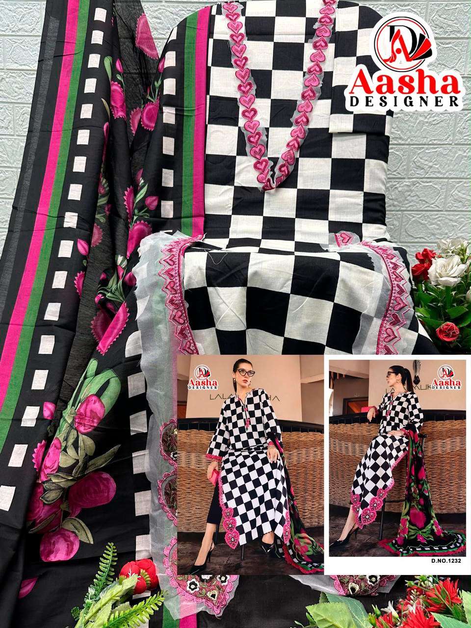 AASHA DESIGNER D NO D NO 1232 & 1233 COTTON EMBROIDERY DESIGNER WORK SUIT