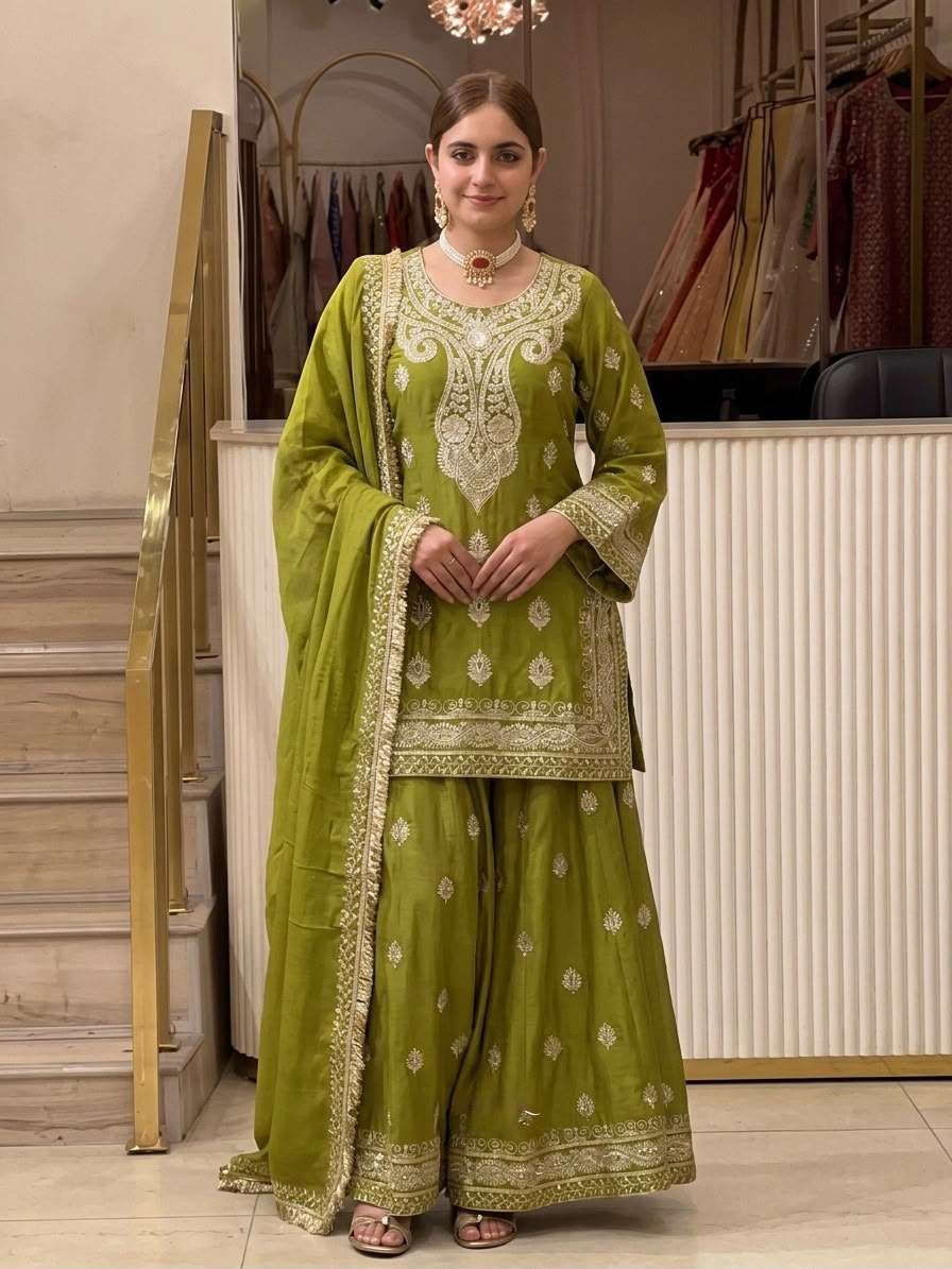 AD 236 SILK HEAVY EMBROIDERD DESIGNER FUNCTION WEAR LADIES SUIT