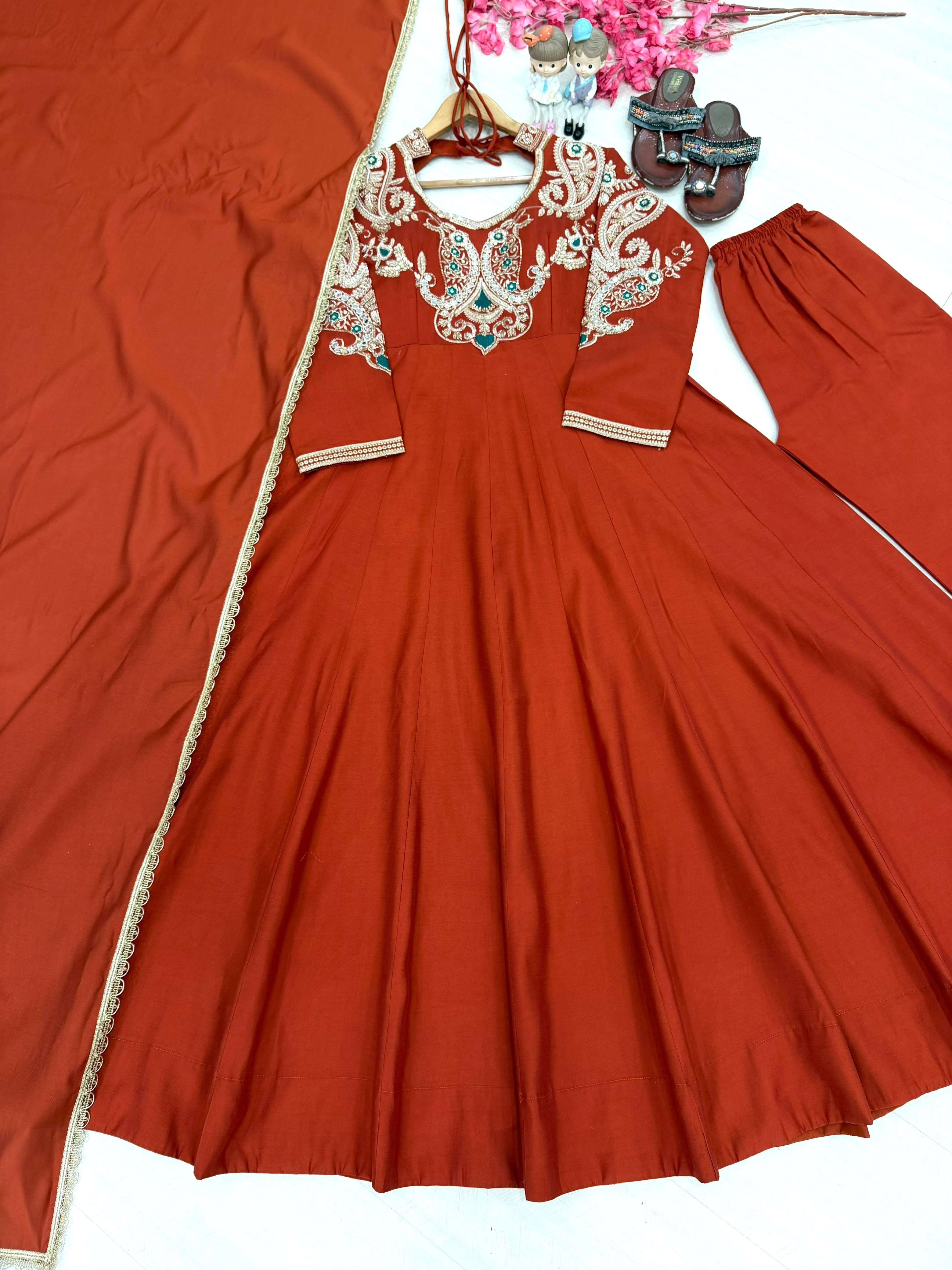 AD 252 SILK ANARKALI GOWN STYLE TOP PLAZZO AND DUPATTA SET 