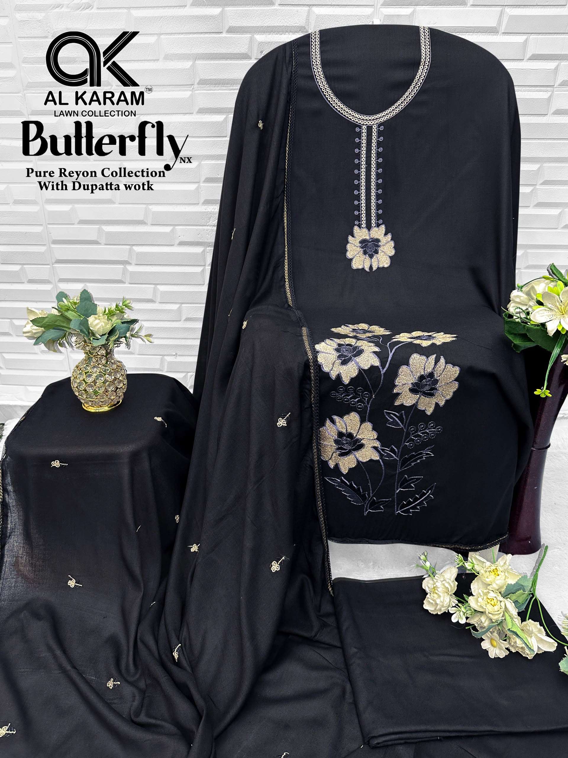 AL KARAM BUTTERFLY NX RAYON EMBROIDERIES WORK SALWAR SUIT