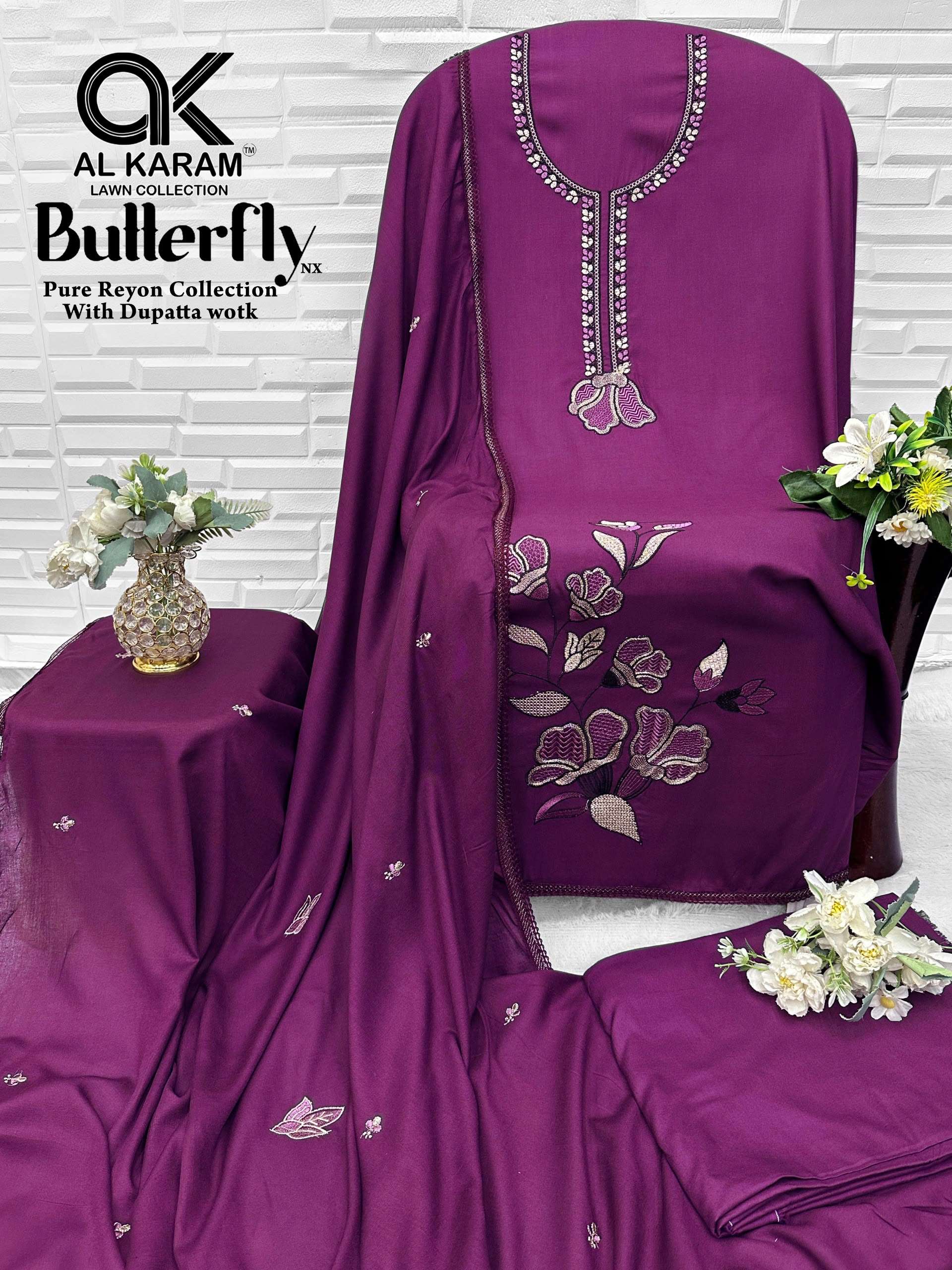 AL KARAM BUTTERFLY NX RAYON EMBROIDERIES WORK SALWAR SUIT