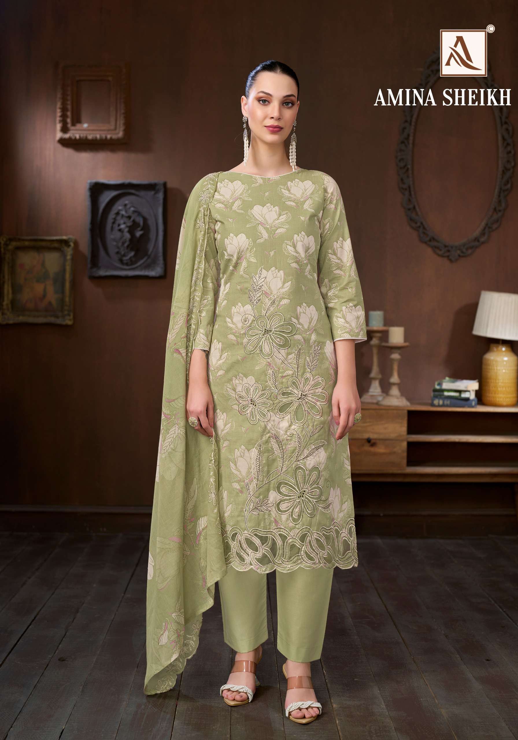 ALOK SUITS AMINA SHEIKH COTTON FOIL PRINT WITH EMBROIDERY DESIGNER WORK SUIT