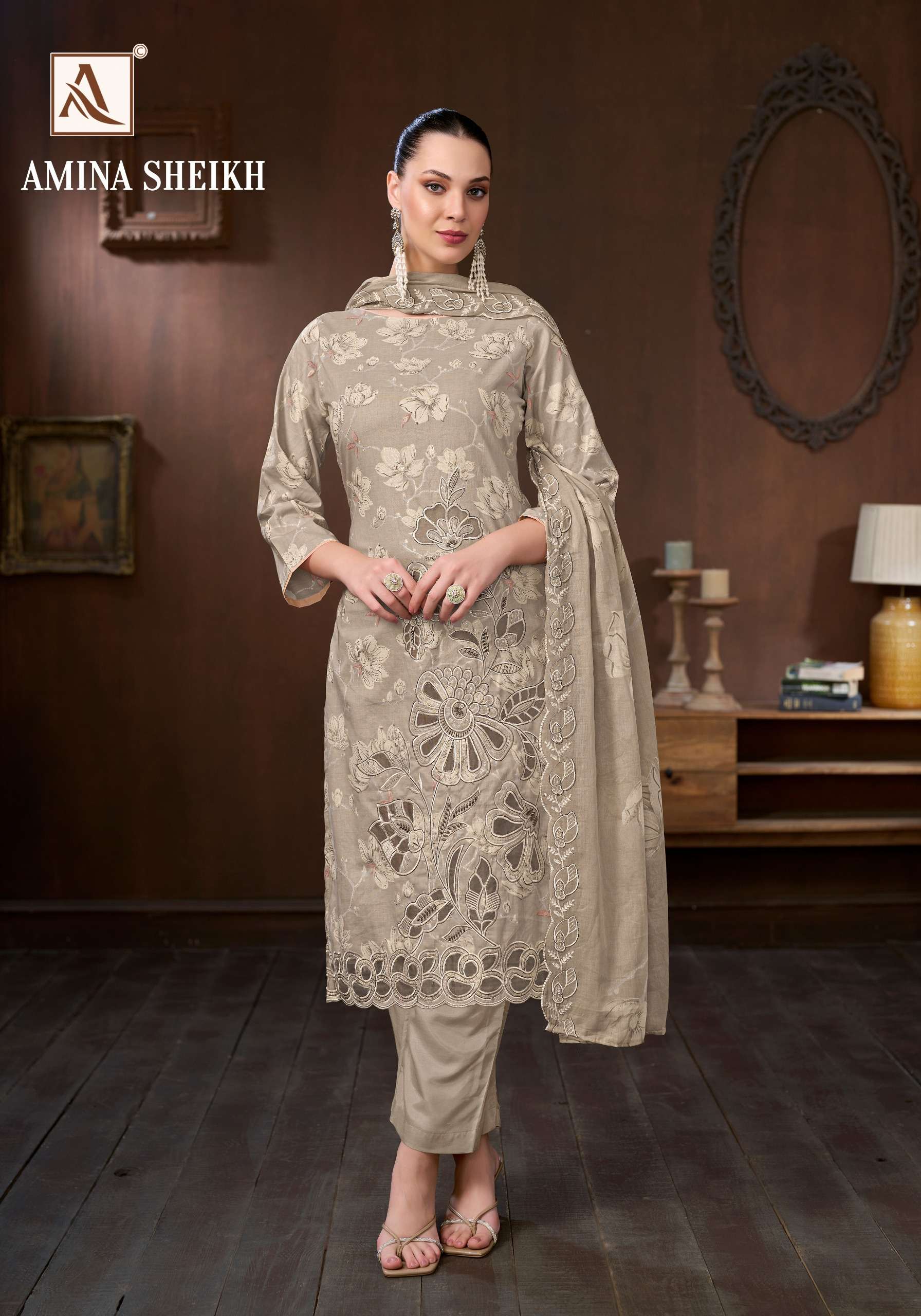 ALOK SUITS AMINA SHEIKH COTTON FOIL PRINT WITH EMBROIDERY DESIGNER WORK SUIT