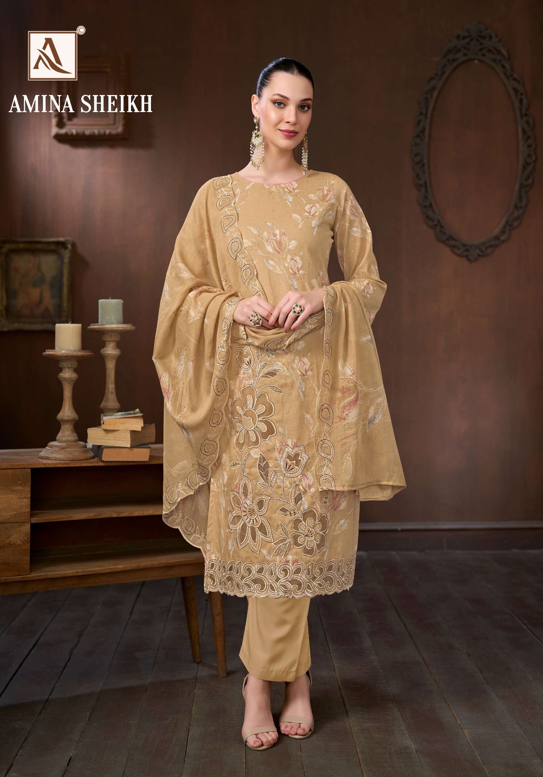 ALOK SUITS AMINA SHEIKH COTTON FOIL PRINT WITH EMBROIDERY DESIGNER WORK SUIT