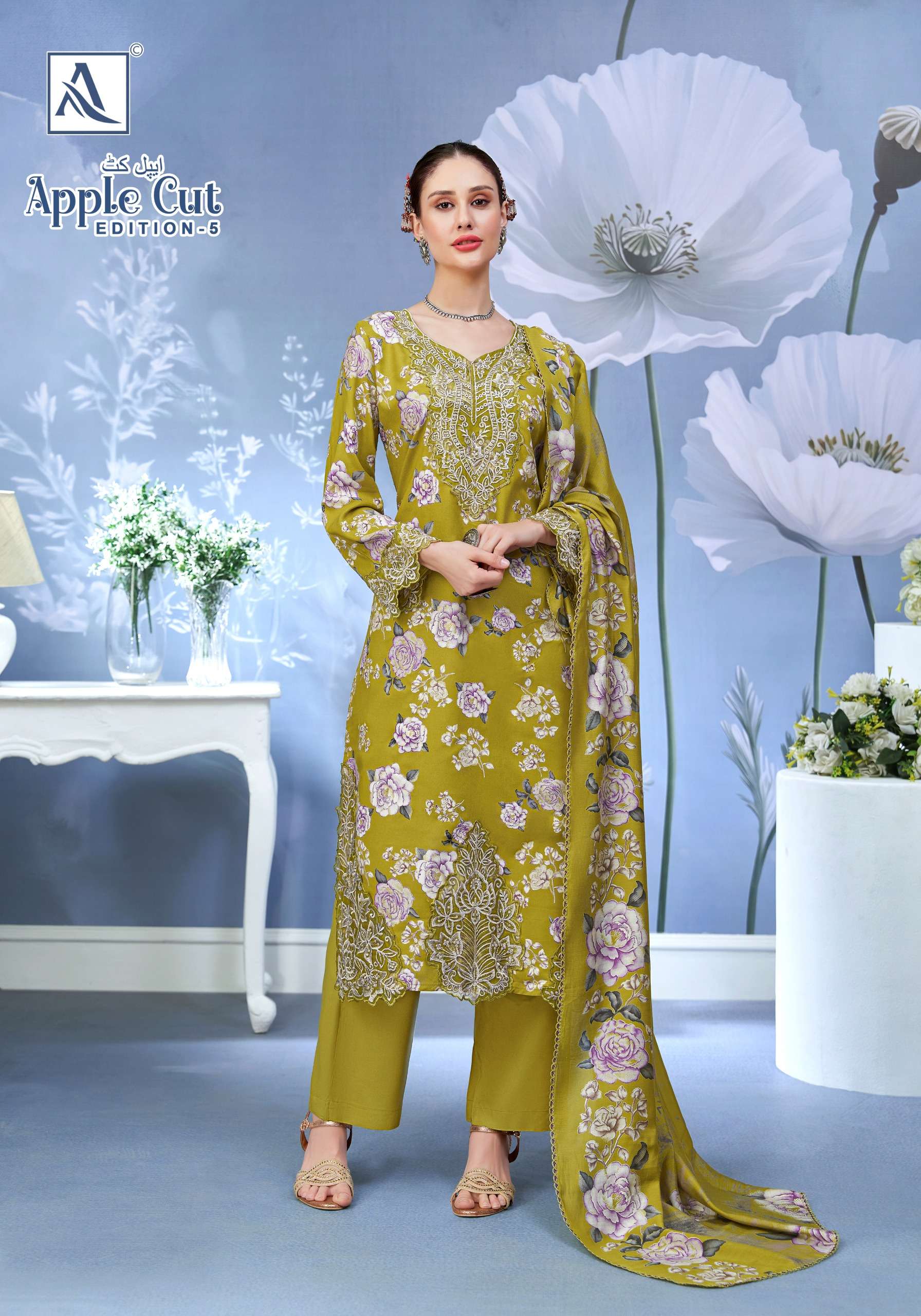 ALOK SUITS APPLE CUT EDITION 5 VISCOSE FOIL PRINT WITH FANCY EMBROIDERY WORK SUIT