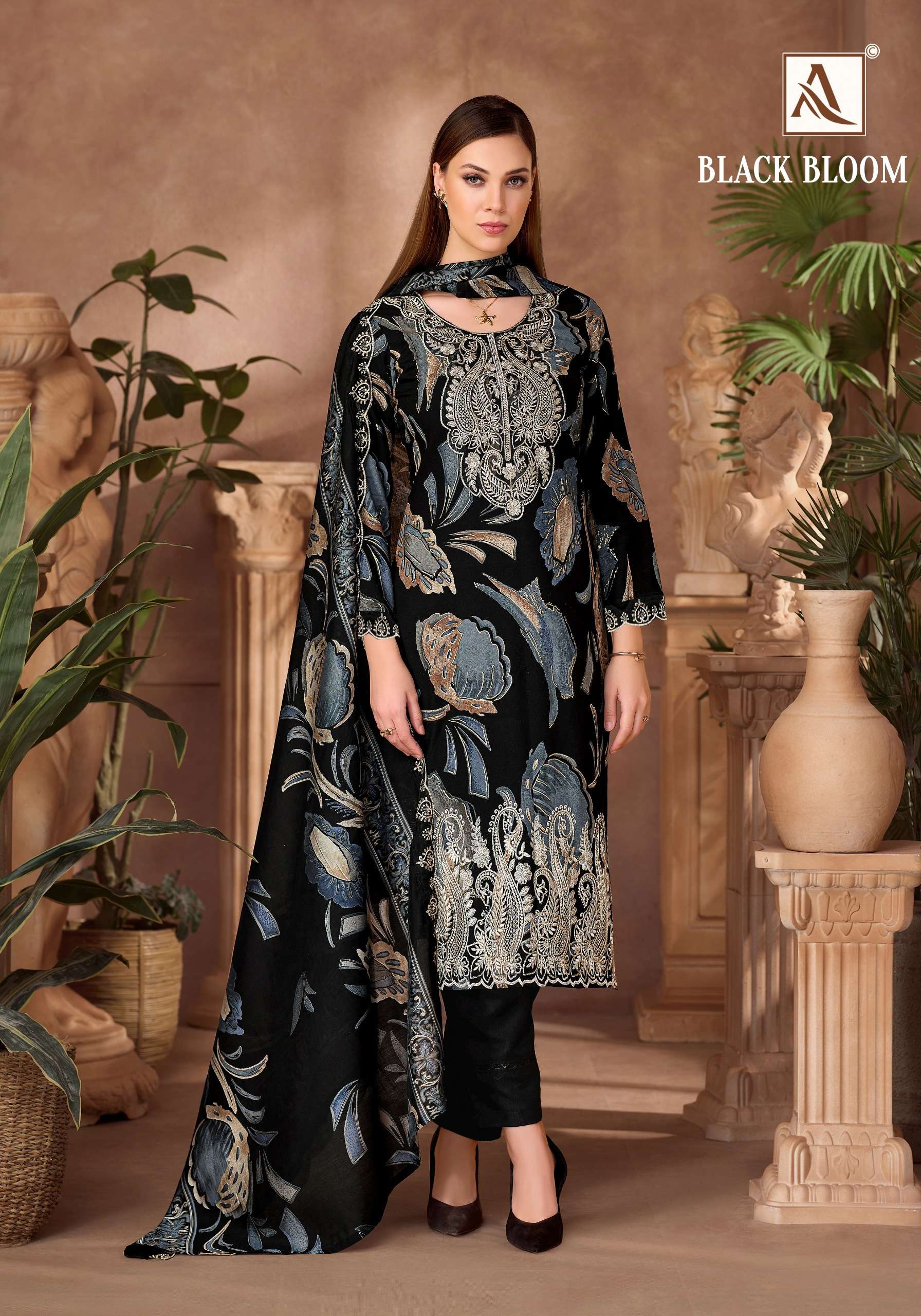 ALOK SUITS BLACK BLOOM RAYON PRINT WITH FANCY EMBROIDERY WORK SUIT