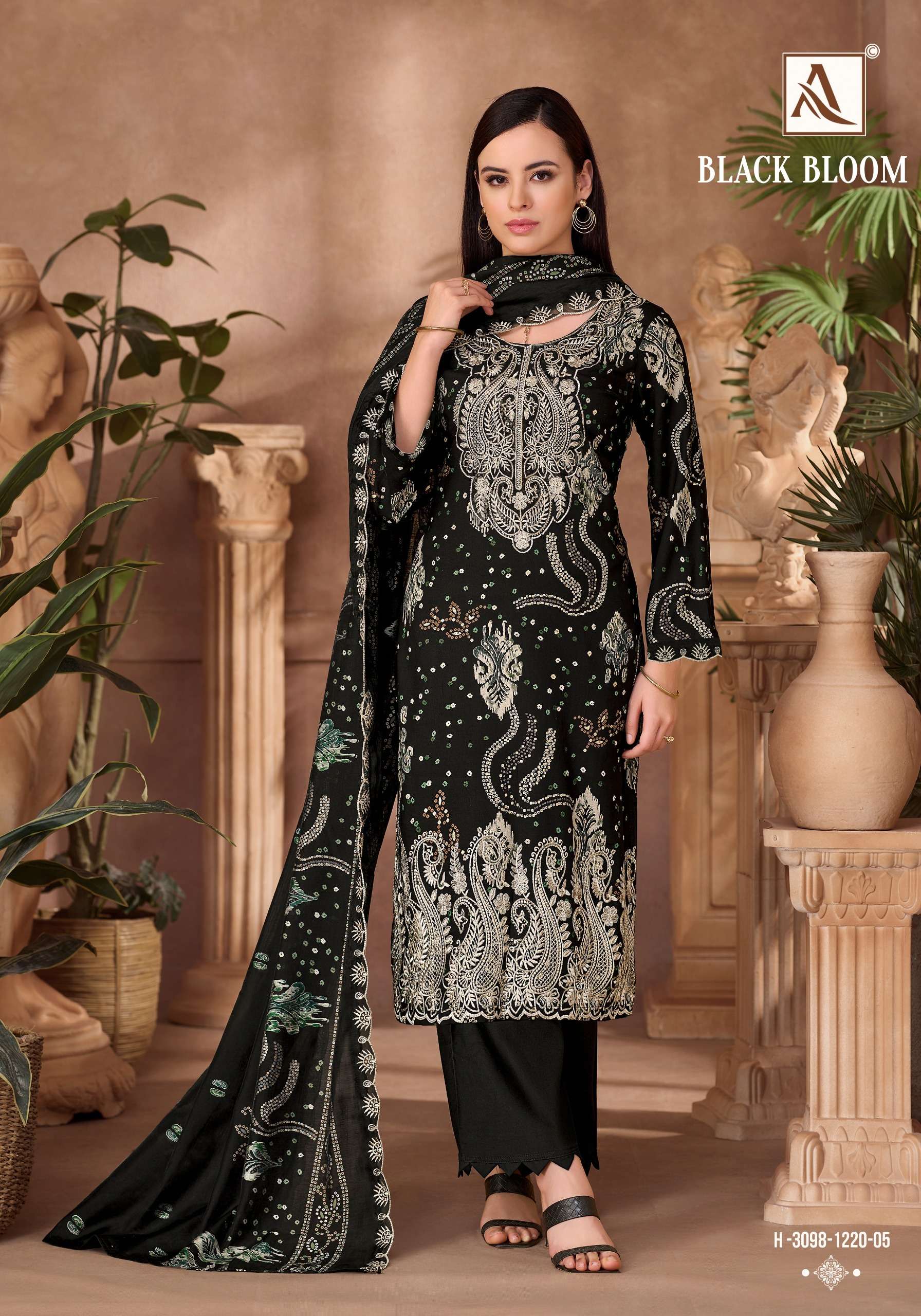 ALOK SUITS BLACK BLOOM RAYON PRINT WITH FANCY EMBROIDERY WORK SUIT