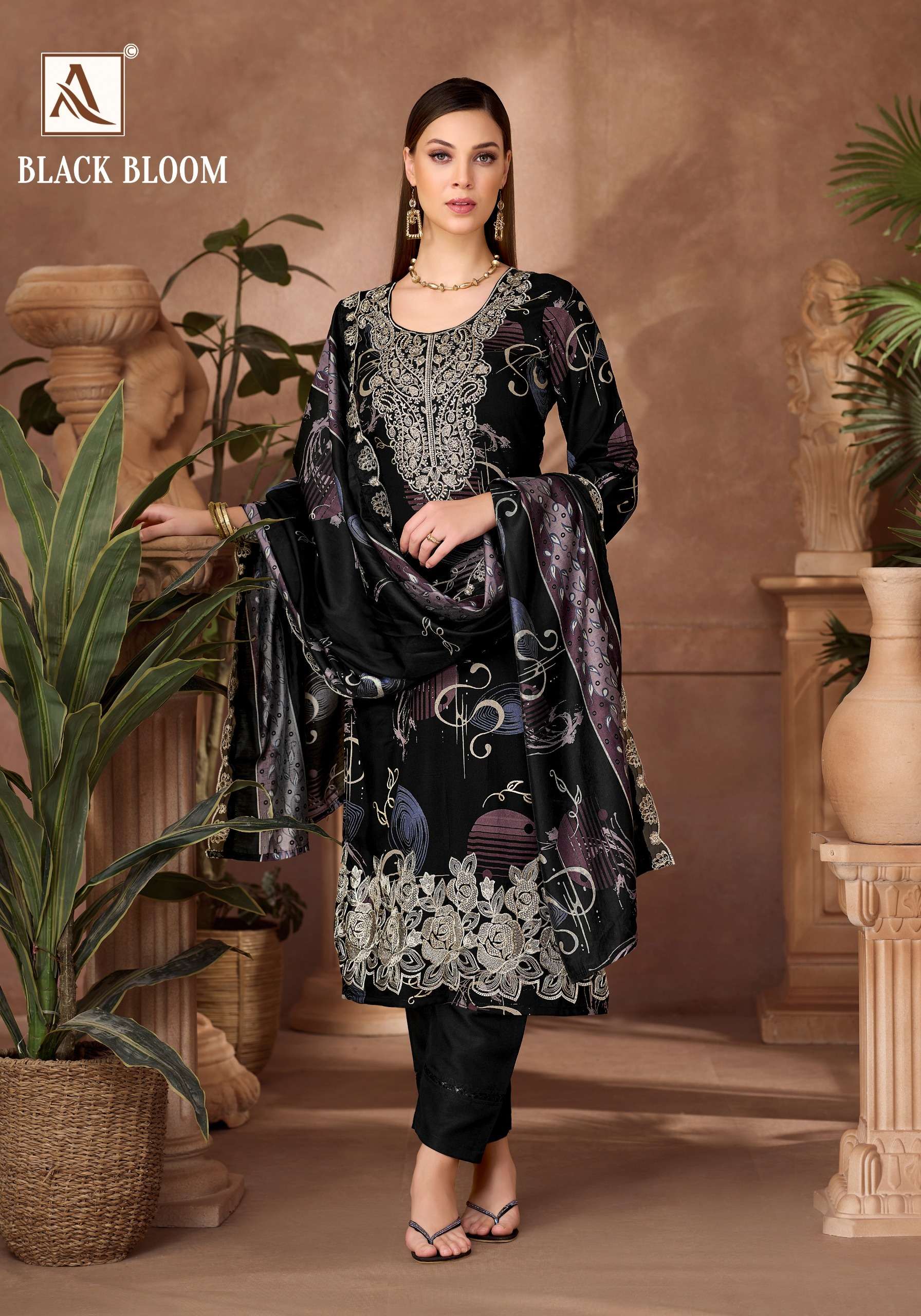 ALOK SUITS BLACK BLOOM RAYON PRINT WITH FANCY EMBROIDERY WORK SUIT