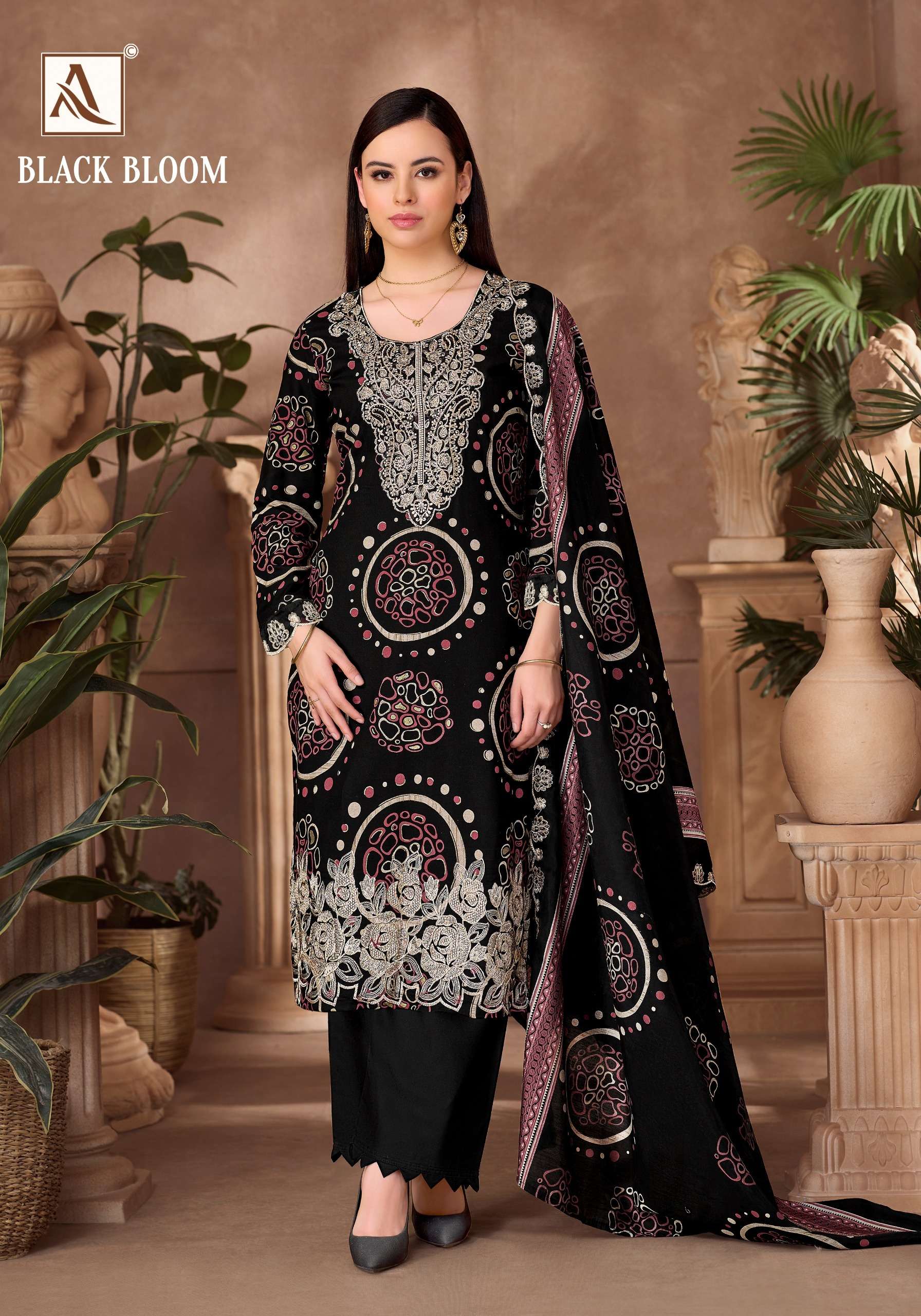 ALOK SUITS BLACK BLOOM RAYON PRINT WITH FANCY EMBROIDERY WORK SUIT
