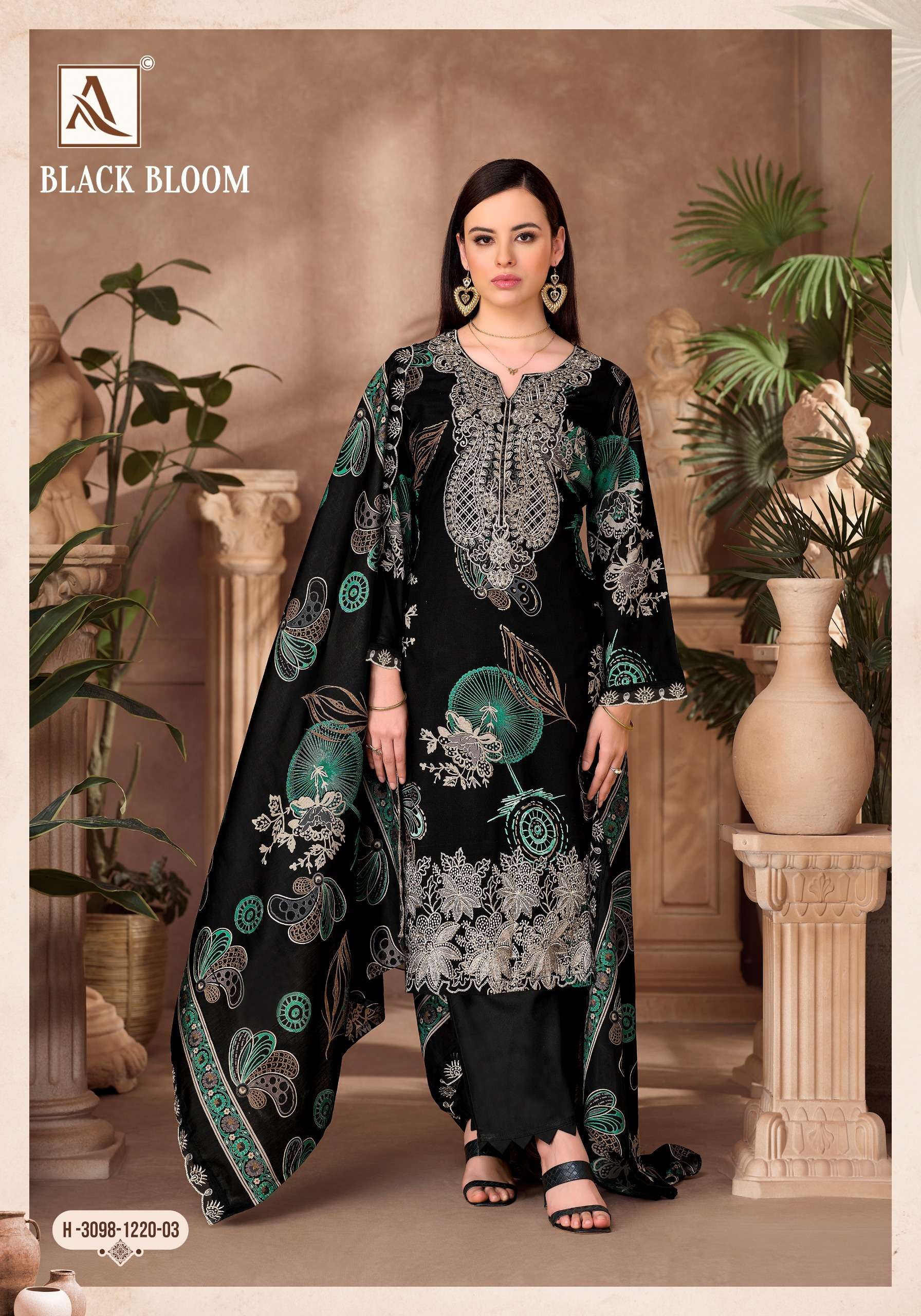 ALOK SUITS BLACK BLOOM RAYON PRINT WITH FANCY EMBROIDERY WORK SUIT