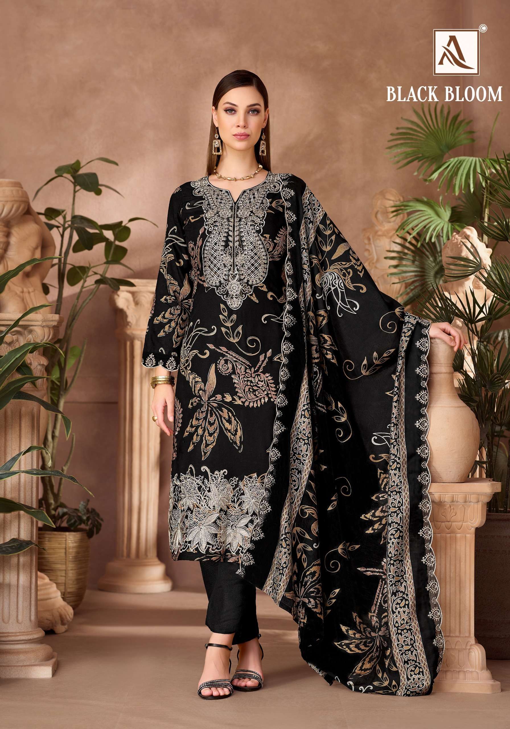 ALOK SUITS BLACK BLOOM RAYON PRINT WITH FANCY EMBROIDERY WORK SUIT