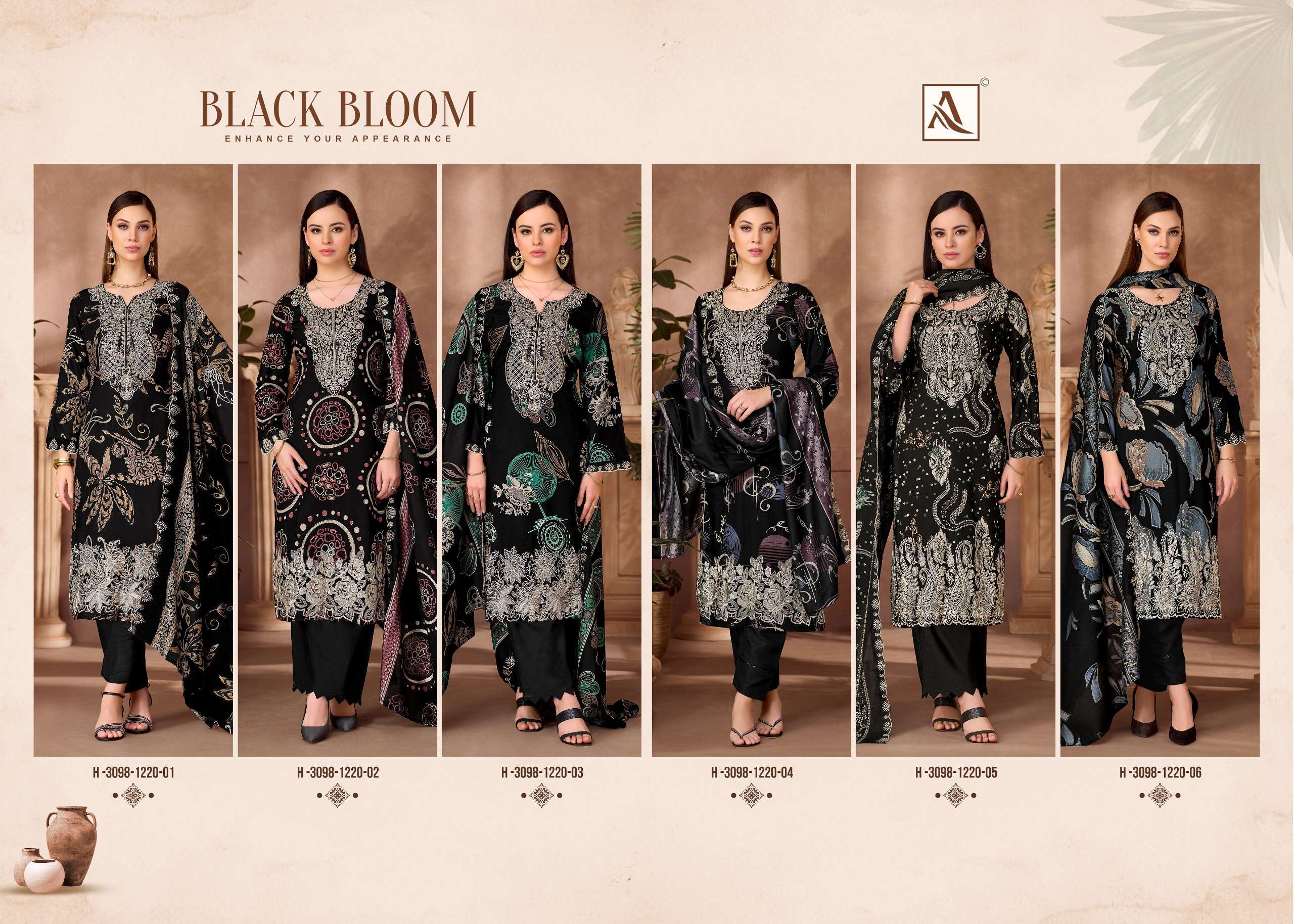 ALOK SUITS BLACK BLOOM RAYON PRINT WITH FANCY EMBROIDERY WORK SUIT