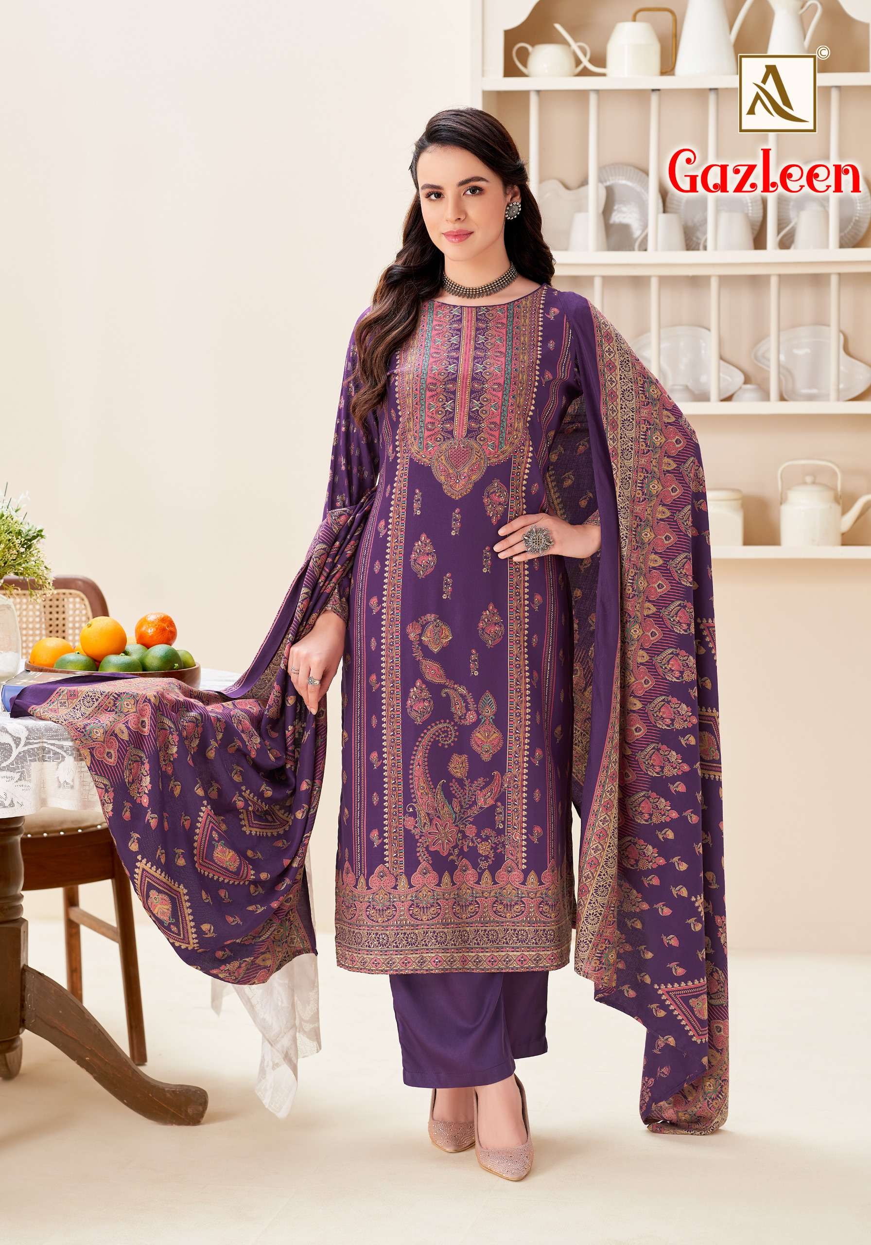 ALOK SUITS GAZLEEN PASHMINA DIGITAL PRINT WITH FANCY HAND WORK SUIT 