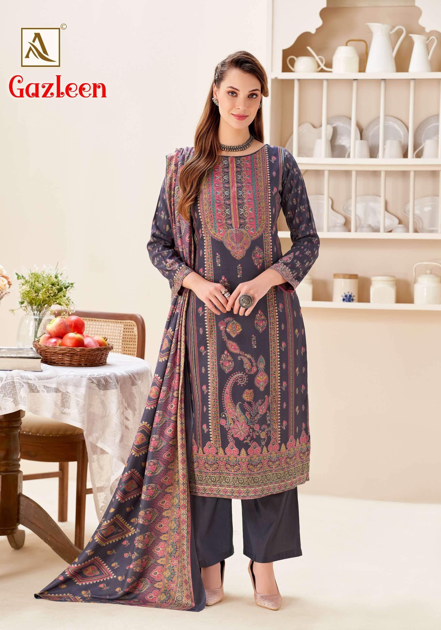 ALOK SUITS GAZLEEN PASHMINA DIGITAL PRINT WITH FANCY HAND WORK SUIT 