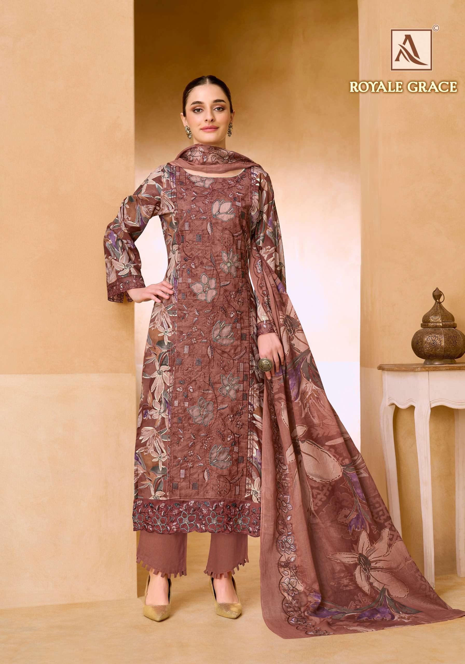 ALOK SUITS ROYALE GRACE COTTON PRINT WITH FANCY WORKS SUIT 