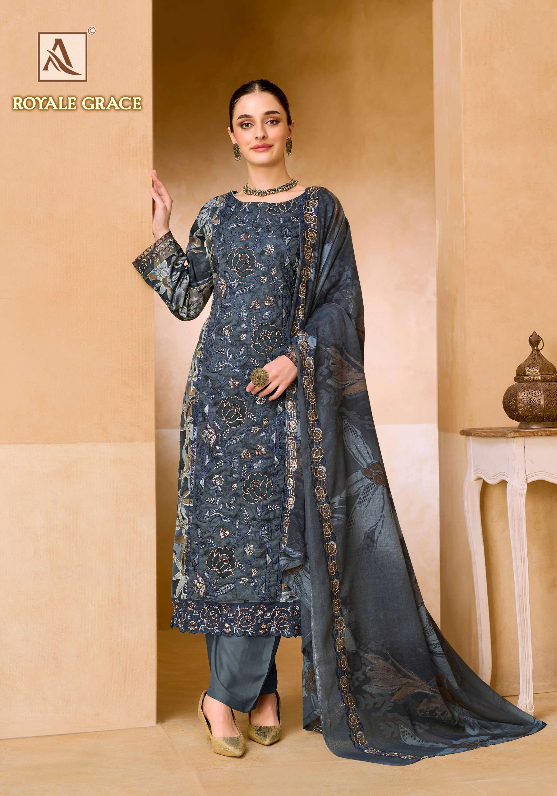 ALOK SUITS ROYALE GRACE COTTON PRINT WITH FANCY WORKS SUIT 