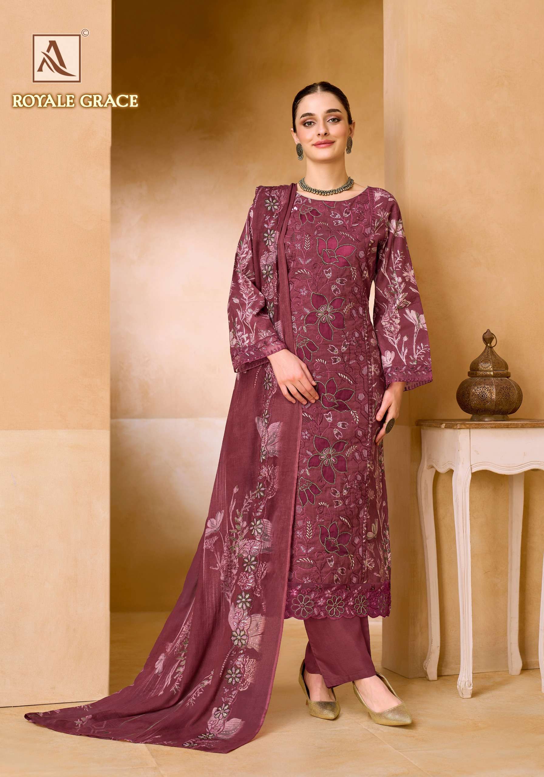 ALOK SUITS ROYALE GRACE COTTON PRINT WITH FANCY WORKS SUIT 