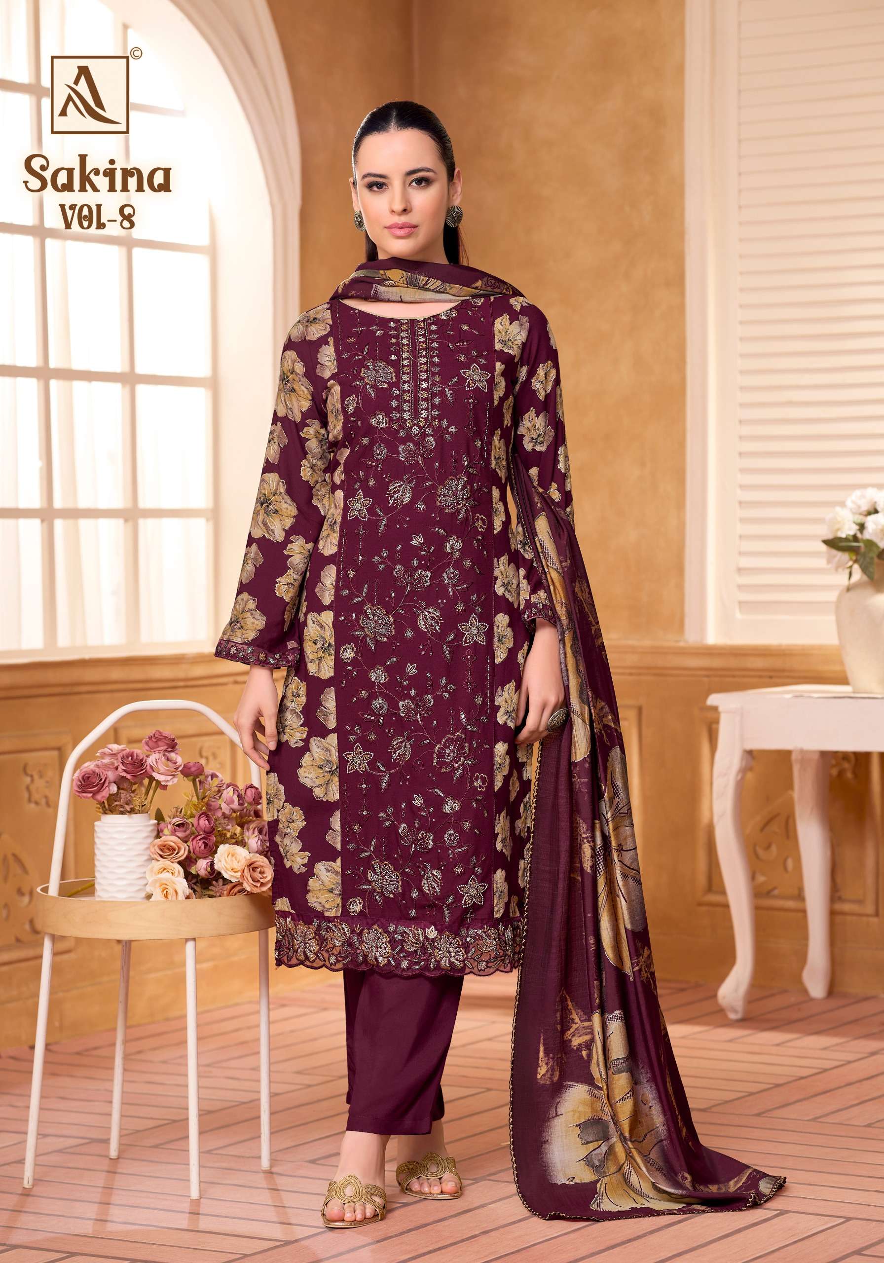 ALOK SUITS SAKINA VOL 8 VISCOSE RAYON FOIL PRINT WITH FANCY WORK SUIT