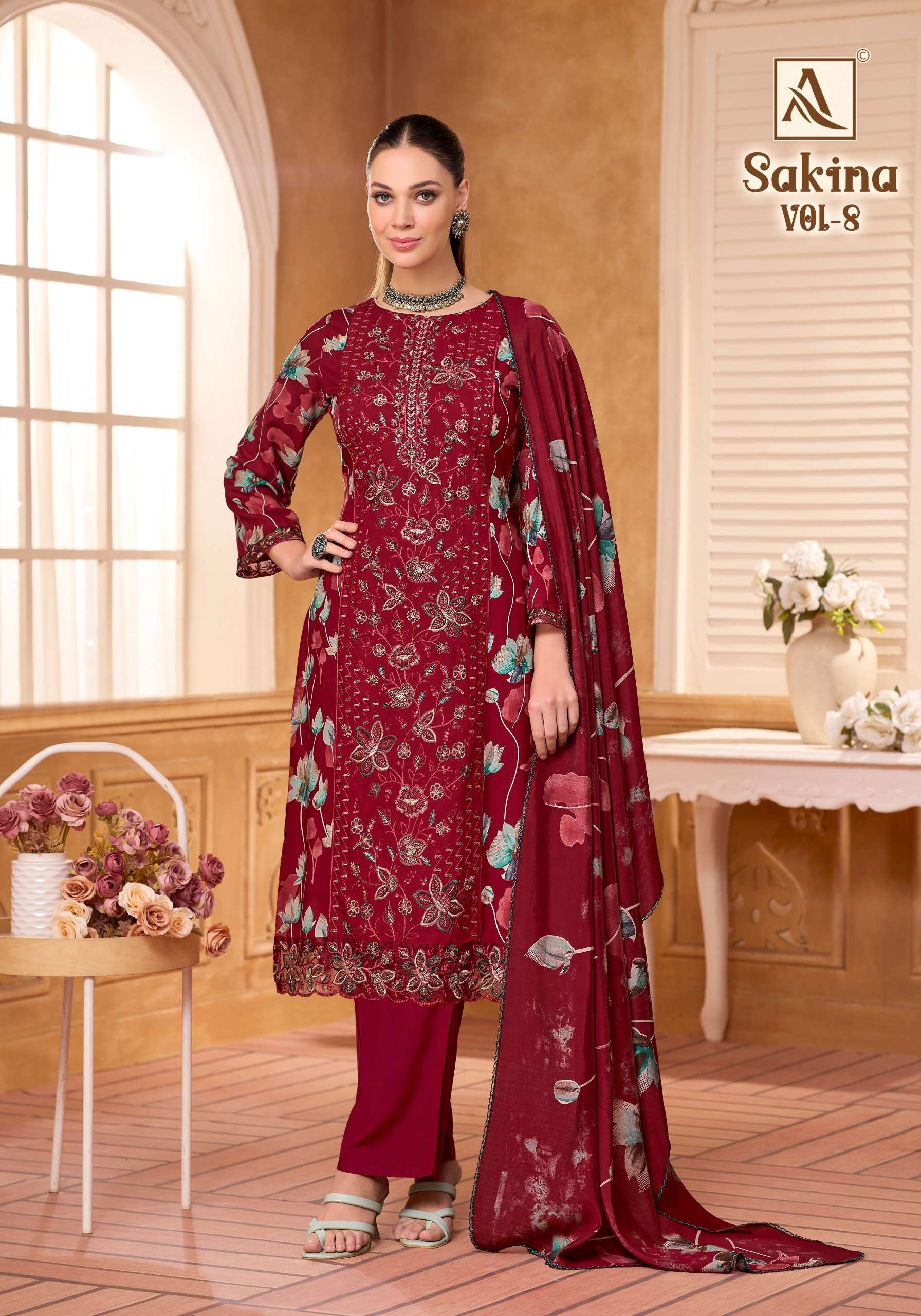 ALOK SUITS SAKINA VOL 8 VISCOSE RAYON FOIL PRINT WITH FANCY WORK SUIT
