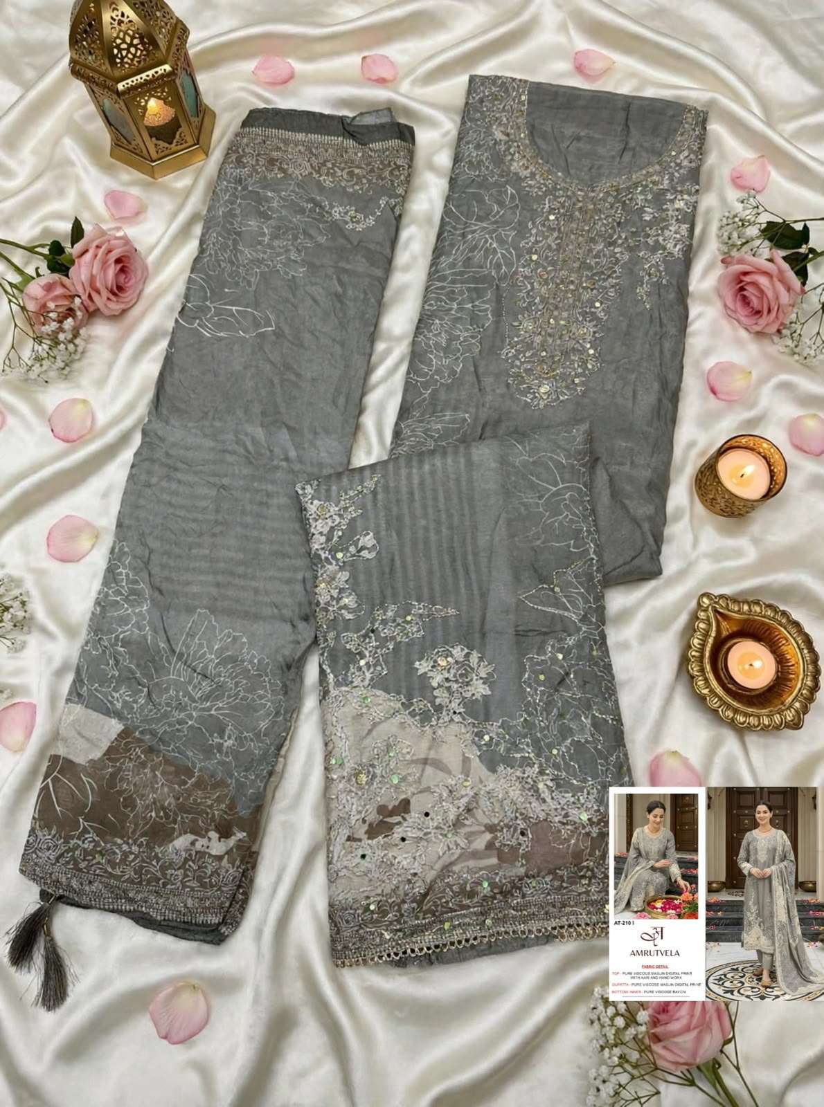 AMRUTVELA AT 210 IJKLM VISCOSE DIGITAL PRINT WITH AARI WORK DESIGNER SUIT