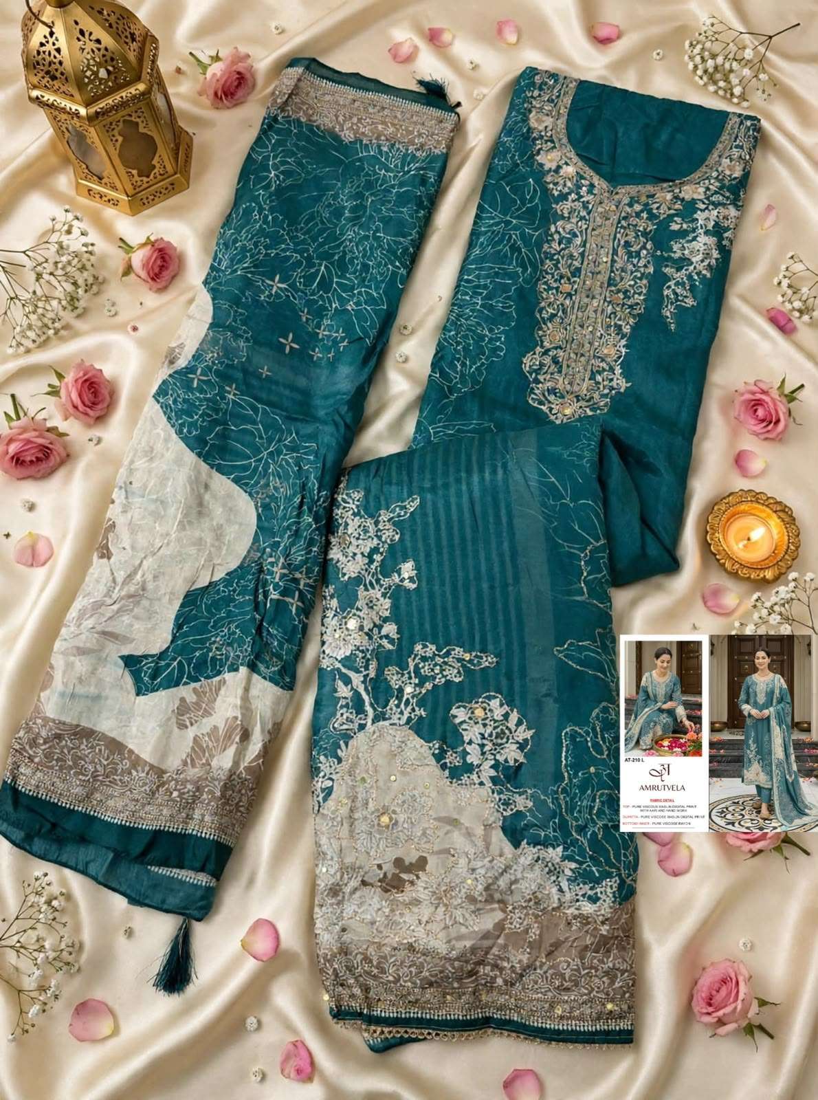 AMRUTVELA AT 210 IJKLM VISCOSE DIGITAL PRINT WITH AARI WORK DESIGNER SUIT