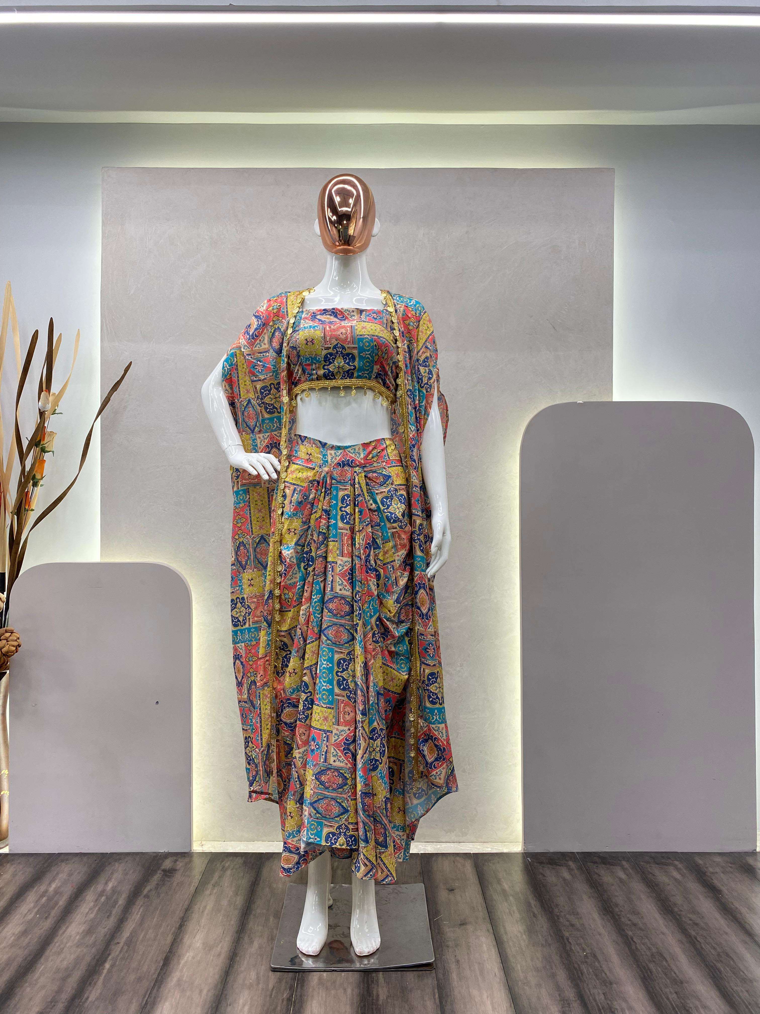 BE 230 FANCY WESTERN STYLE SILK PRINTED KOTI  BLOUSE WITH WESTERN BOTTOM SET