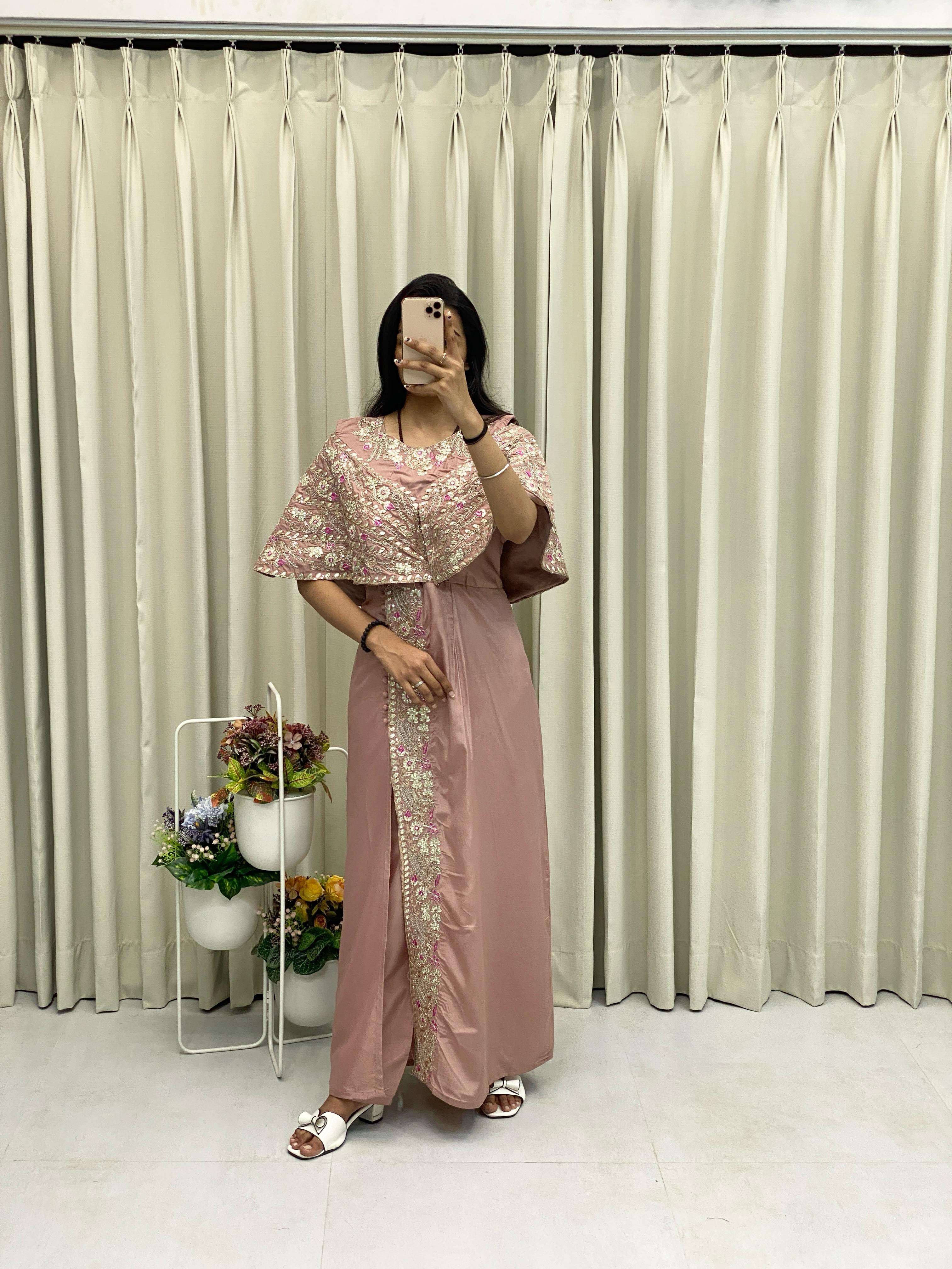 BE 327 SILK BEAUTIFUL DESIGNER LOOK PARTY WEAR INDO WESTERN STYLE GOWN WITH PANT PAIR 