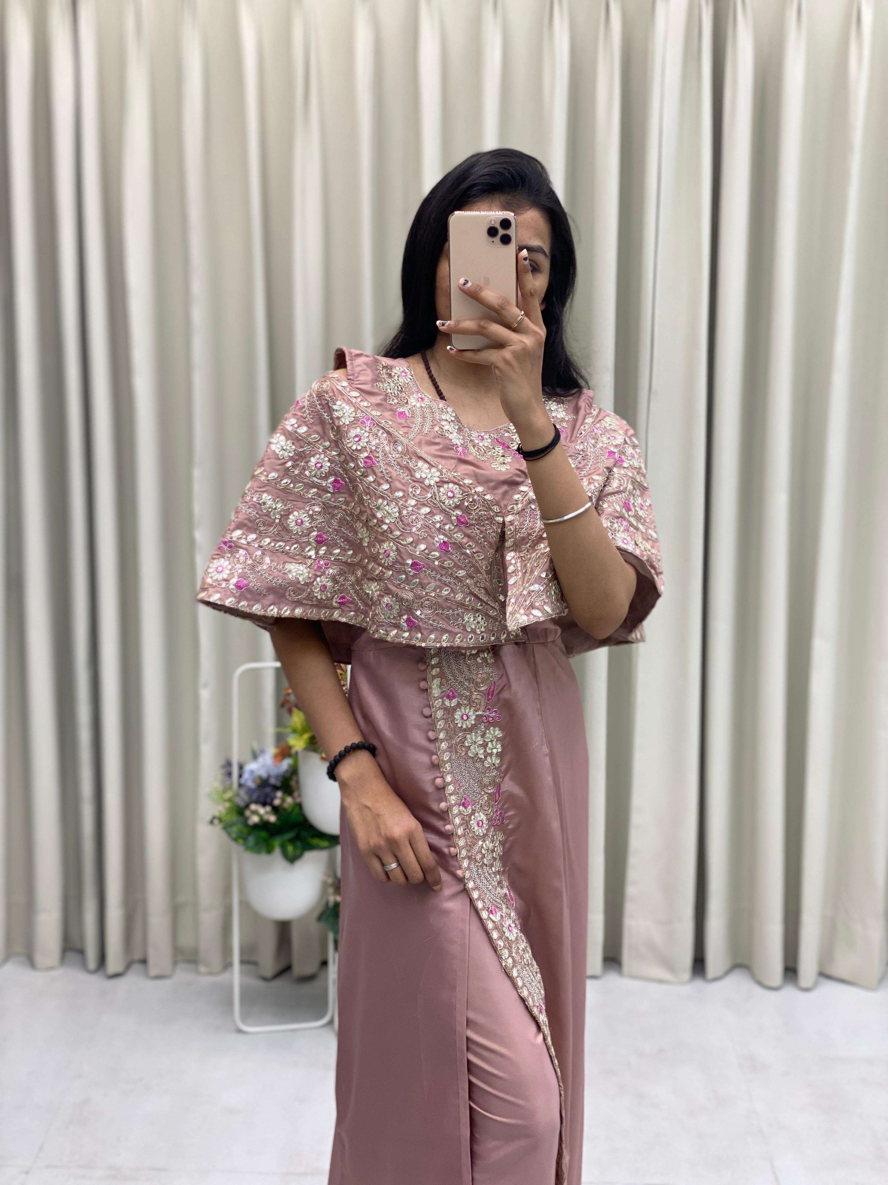 BE 327 SILK BEAUTIFUL DESIGNER LOOK PARTY WEAR INDO WESTERN STYLE GOWN WITH PANT PAIR 