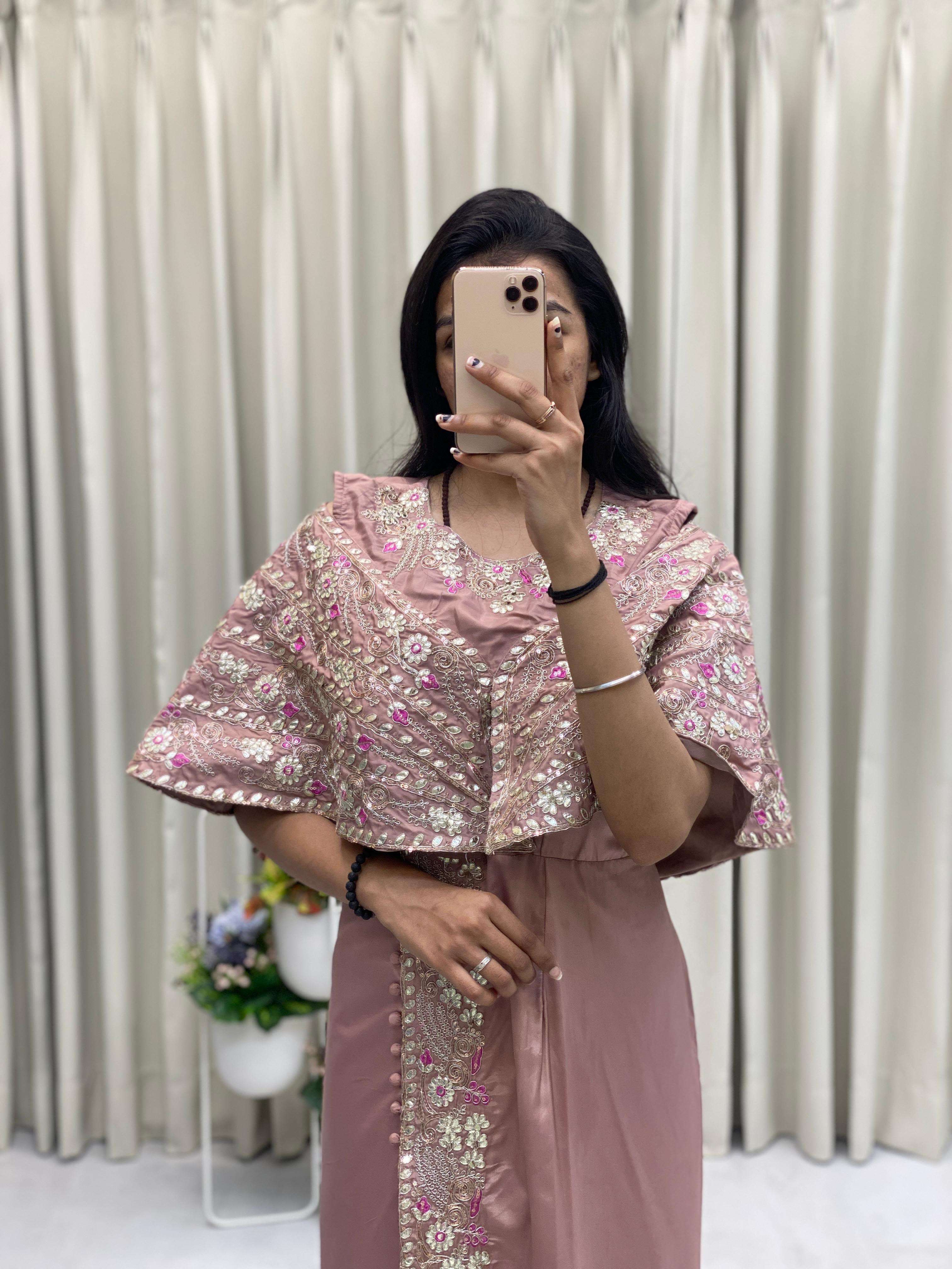 BE 327 SILK BEAUTIFUL DESIGNER LOOK PARTY WEAR INDO WESTERN STYLE GOWN WITH PANT PAIR 