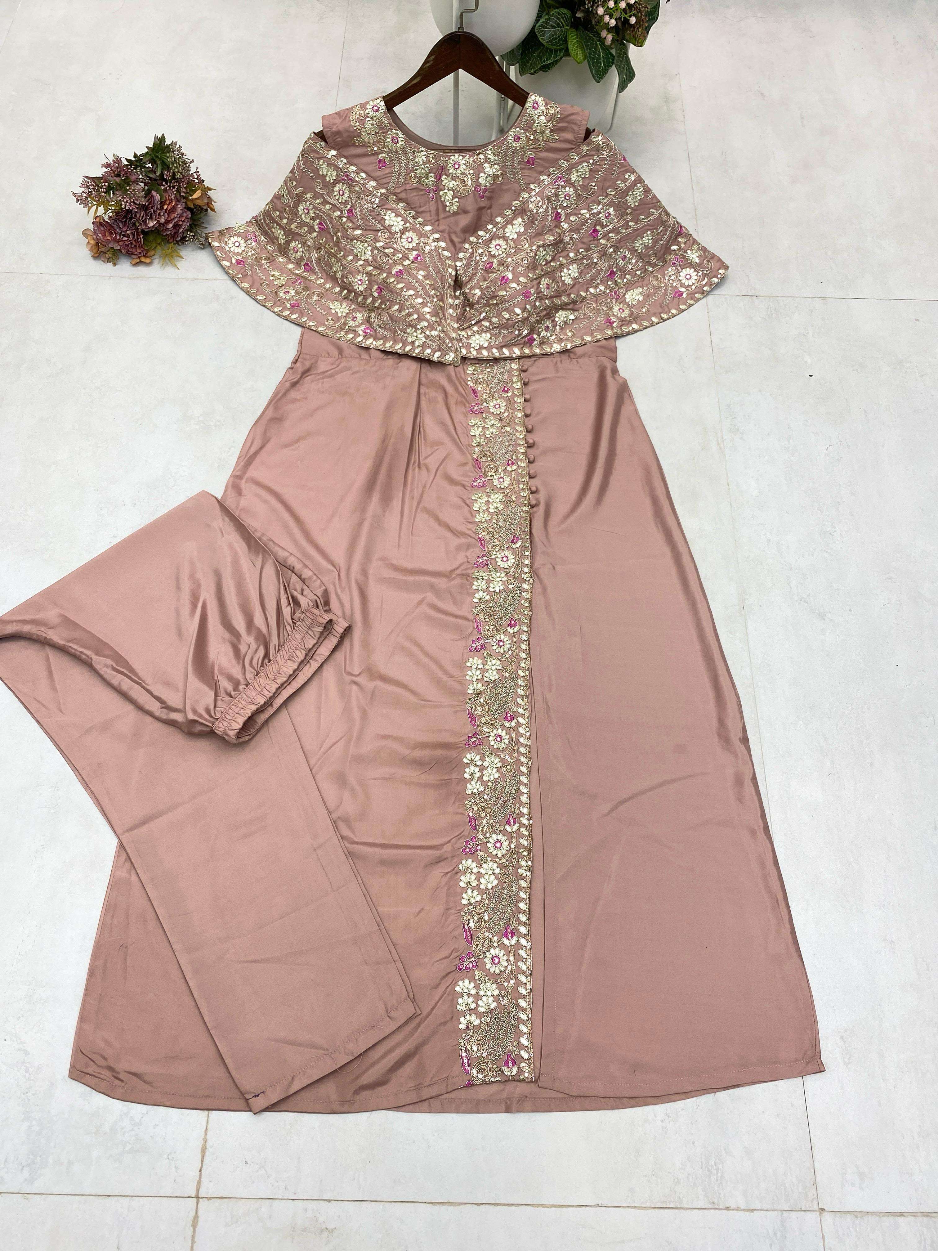 BE 327 SILK BEAUTIFUL DESIGNER LOOK PARTY WEAR INDO WESTERN STYLE GOWN WITH PANT PAIR 