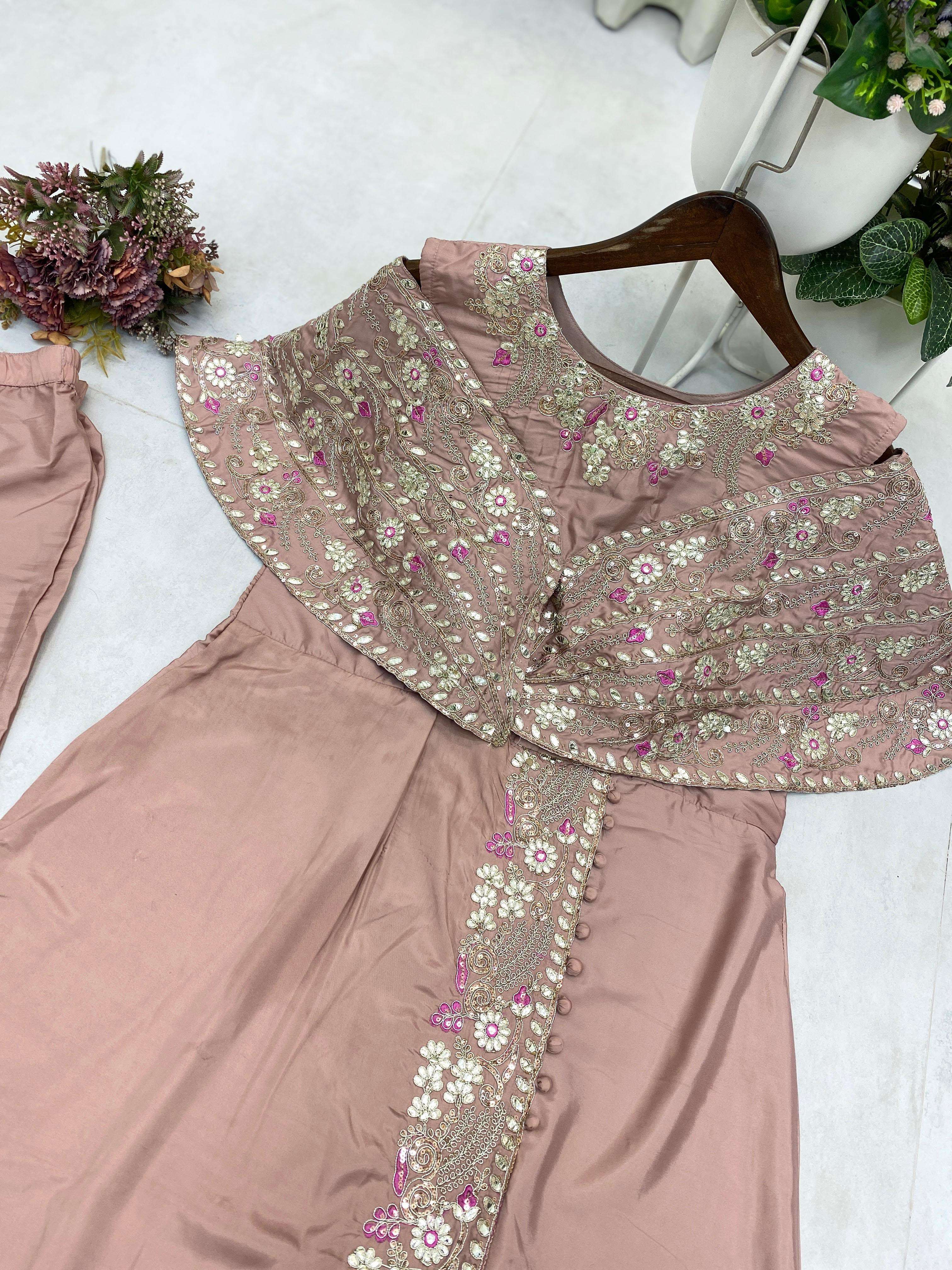BE 327 SILK BEAUTIFUL DESIGNER LOOK PARTY WEAR INDO WESTERN STYLE GOWN WITH PANT PAIR 