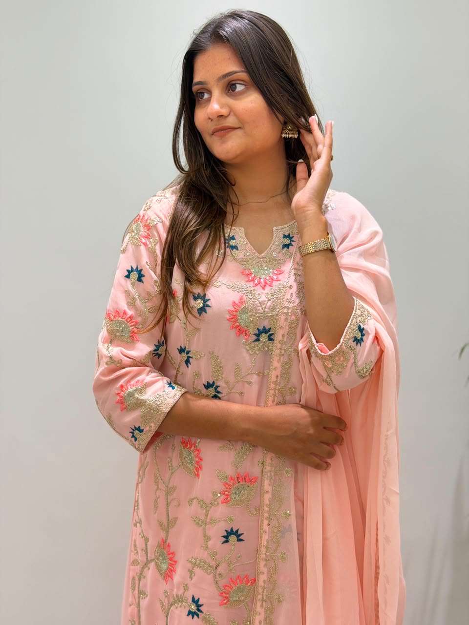 BE 486 GEORGETTE EMBROIDERED WORKED TOP PLAZZO WITH DUPATTA SET