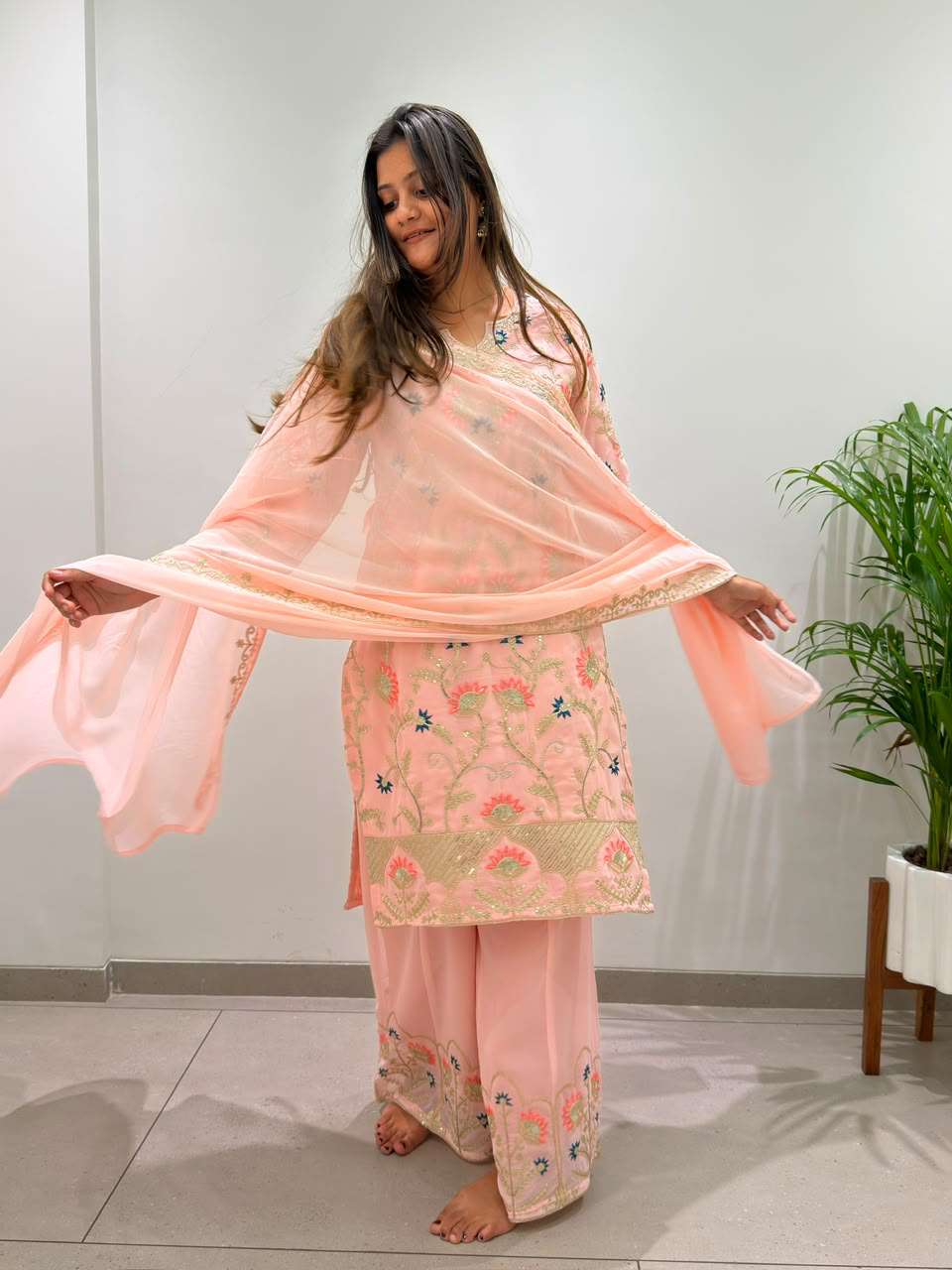 BE 486 GEORGETTE EMBROIDERED WORKED TOP PLAZZO WITH DUPATTA SET