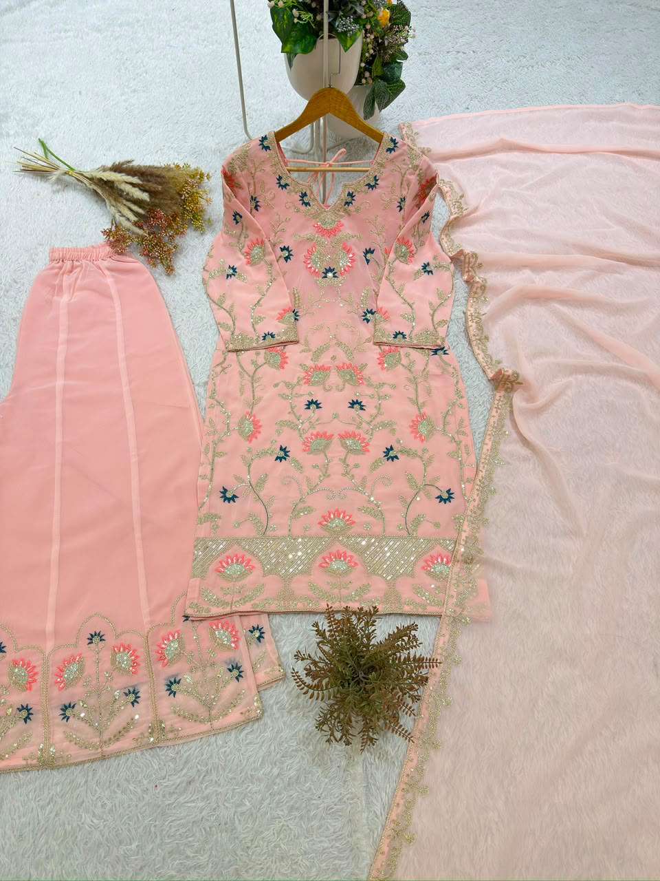 BE 486 GEORGETTE EMBROIDERED WORKED TOP PLAZZO WITH DUPATTA SET