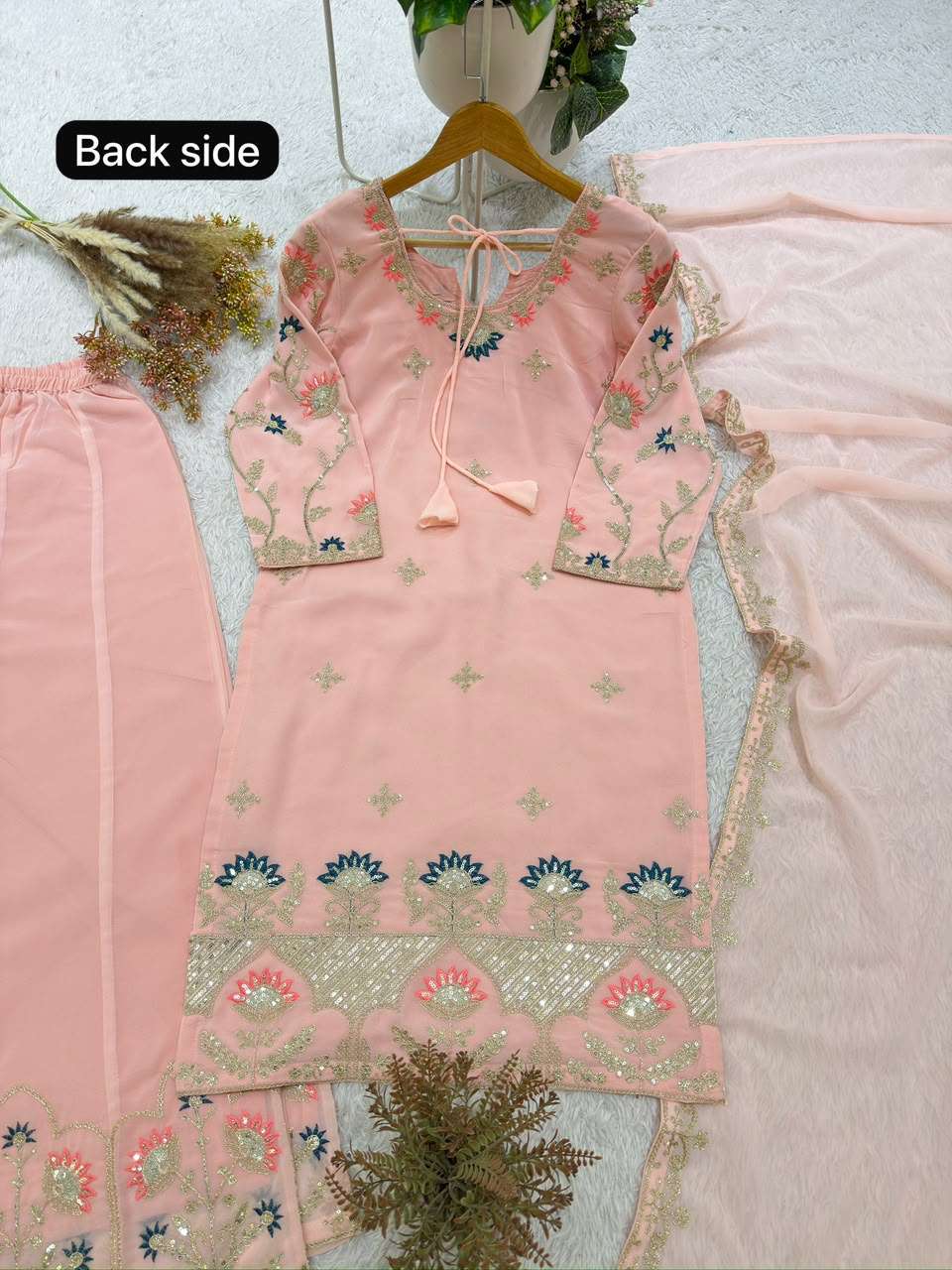 BE 486 GEORGETTE EMBROIDERED WORKED TOP PLAZZO WITH DUPATTA SET