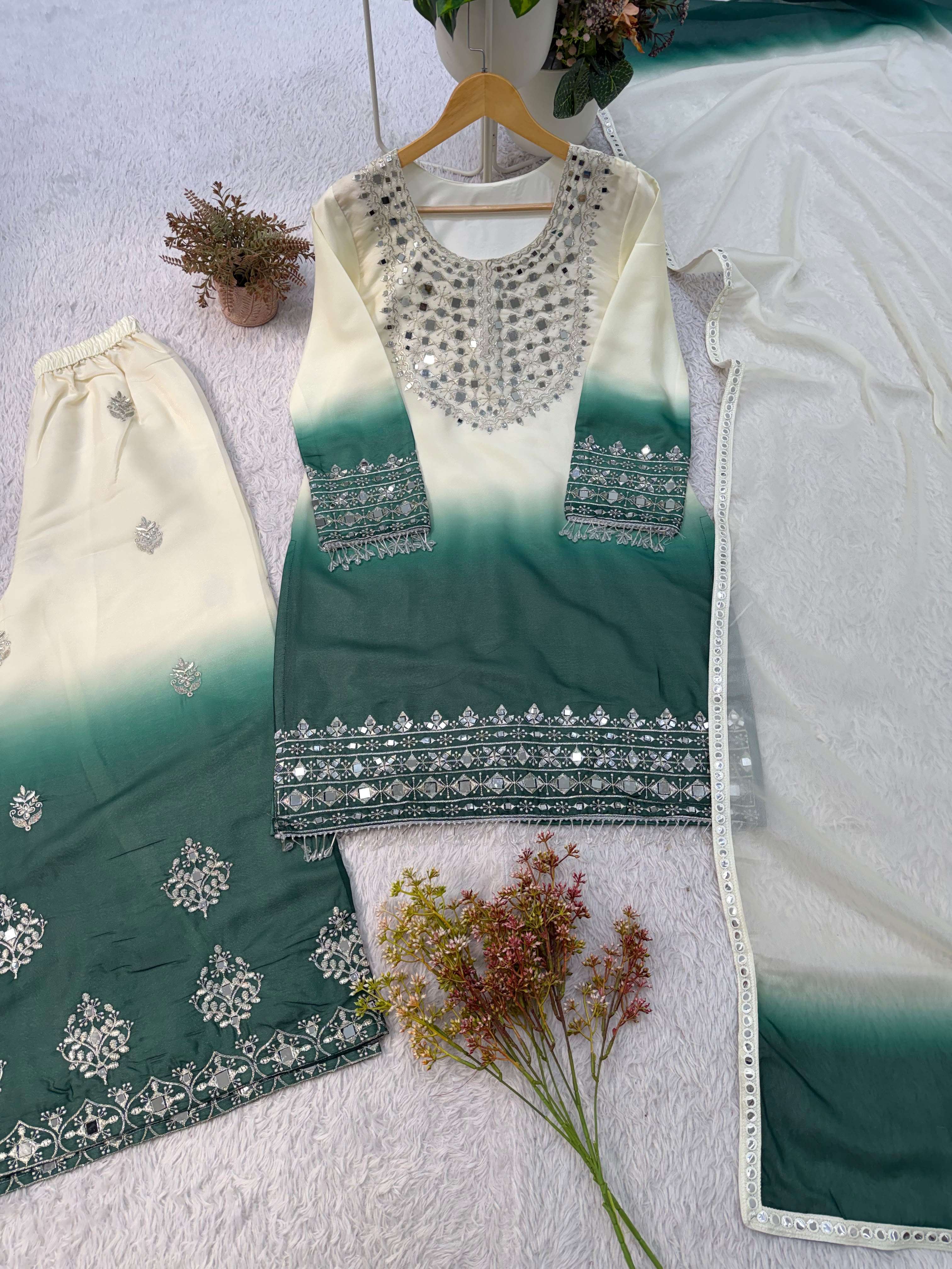 BE 491 MIRROR EMBROIDERED WORKED TOP PLAZZO WITH DUPATTA SET
