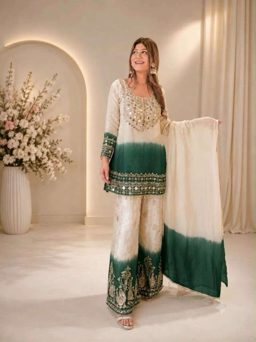 BE 491 MIRROR EMBROIDERED WORKED TOP PLAZZO WITH DUPATTA SET