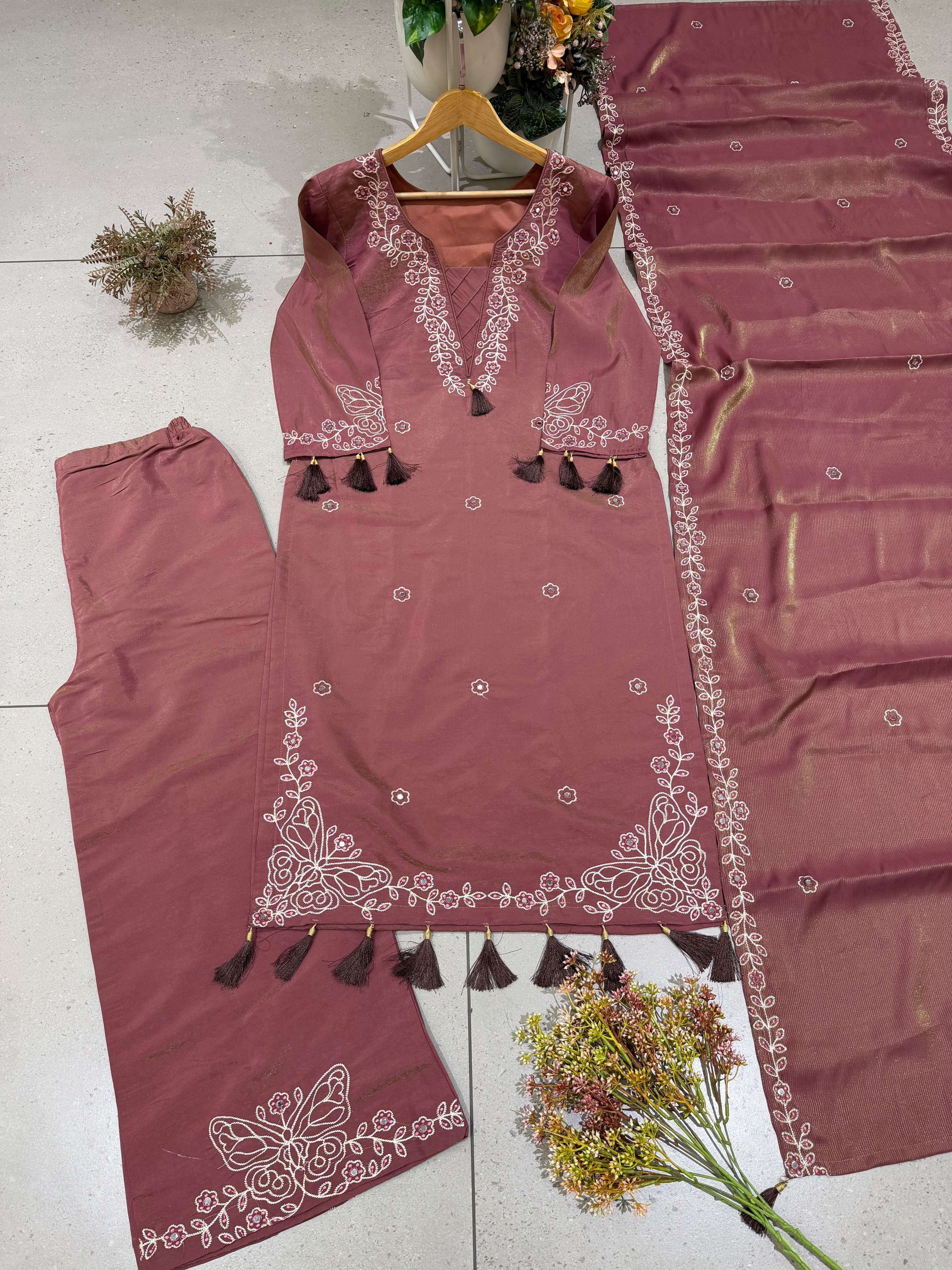 BE 513 DESIGNER MIRROR EMBROIDERED WORKED TOP PANT WITH DUPATTA SET