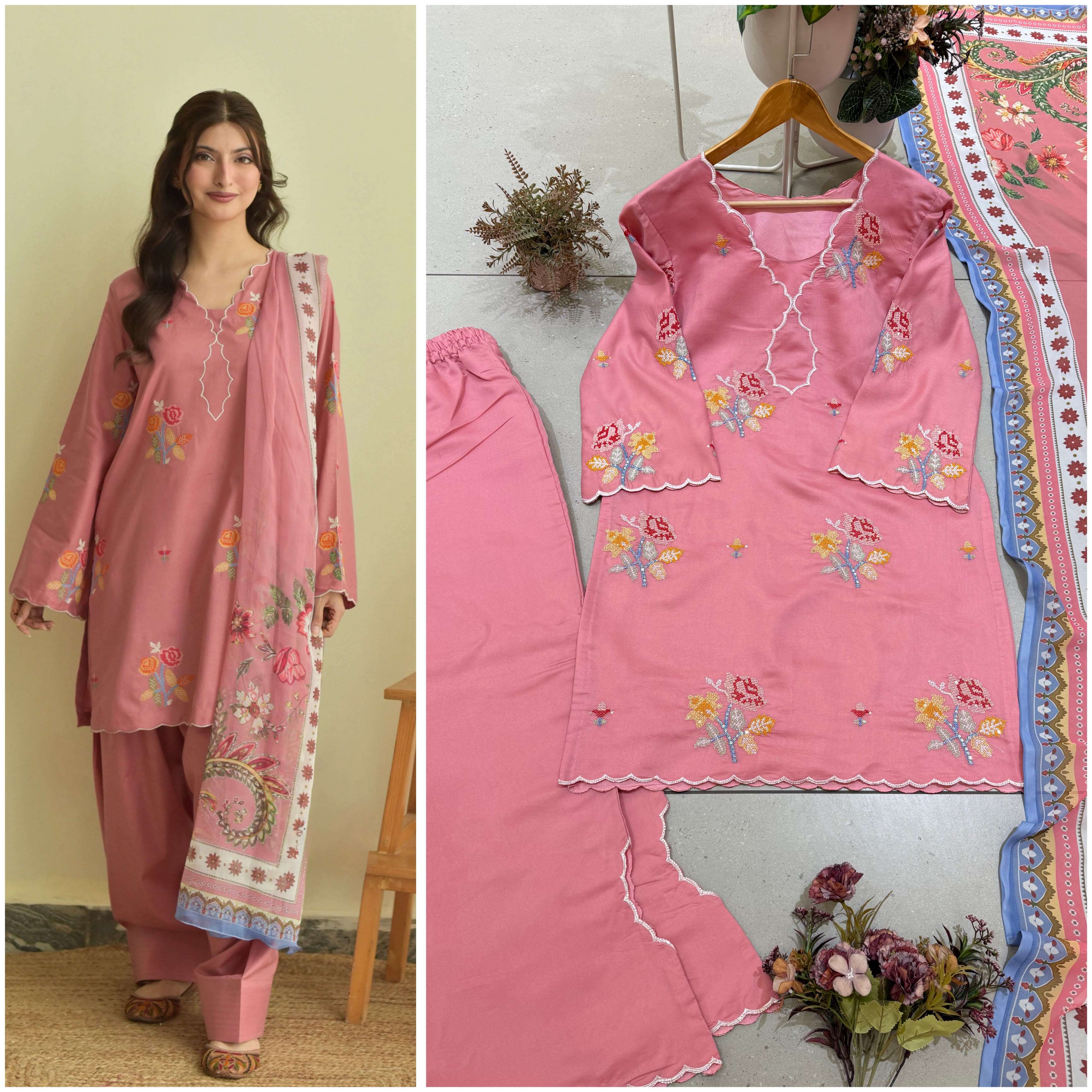 BE 514 CHANDERI SILK BEAUTIFUL DESIGNERDESIGNER LOOK TOP PLAZZO AND DUPATTA SET