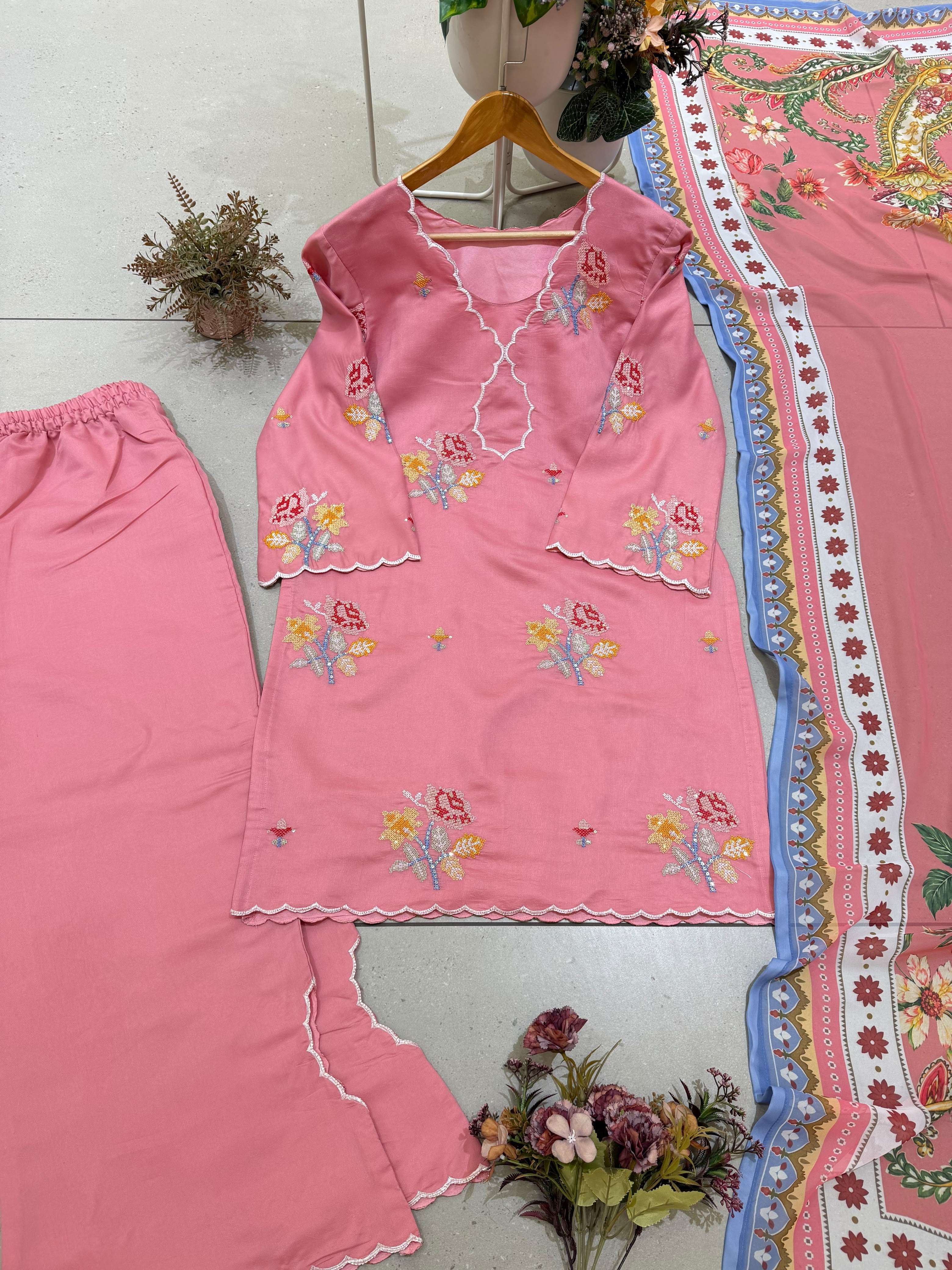 BE 514 CHANDERI SILK BEAUTIFUL DESIGNERDESIGNER LOOK TOP PLAZZO AND DUPATTA SET