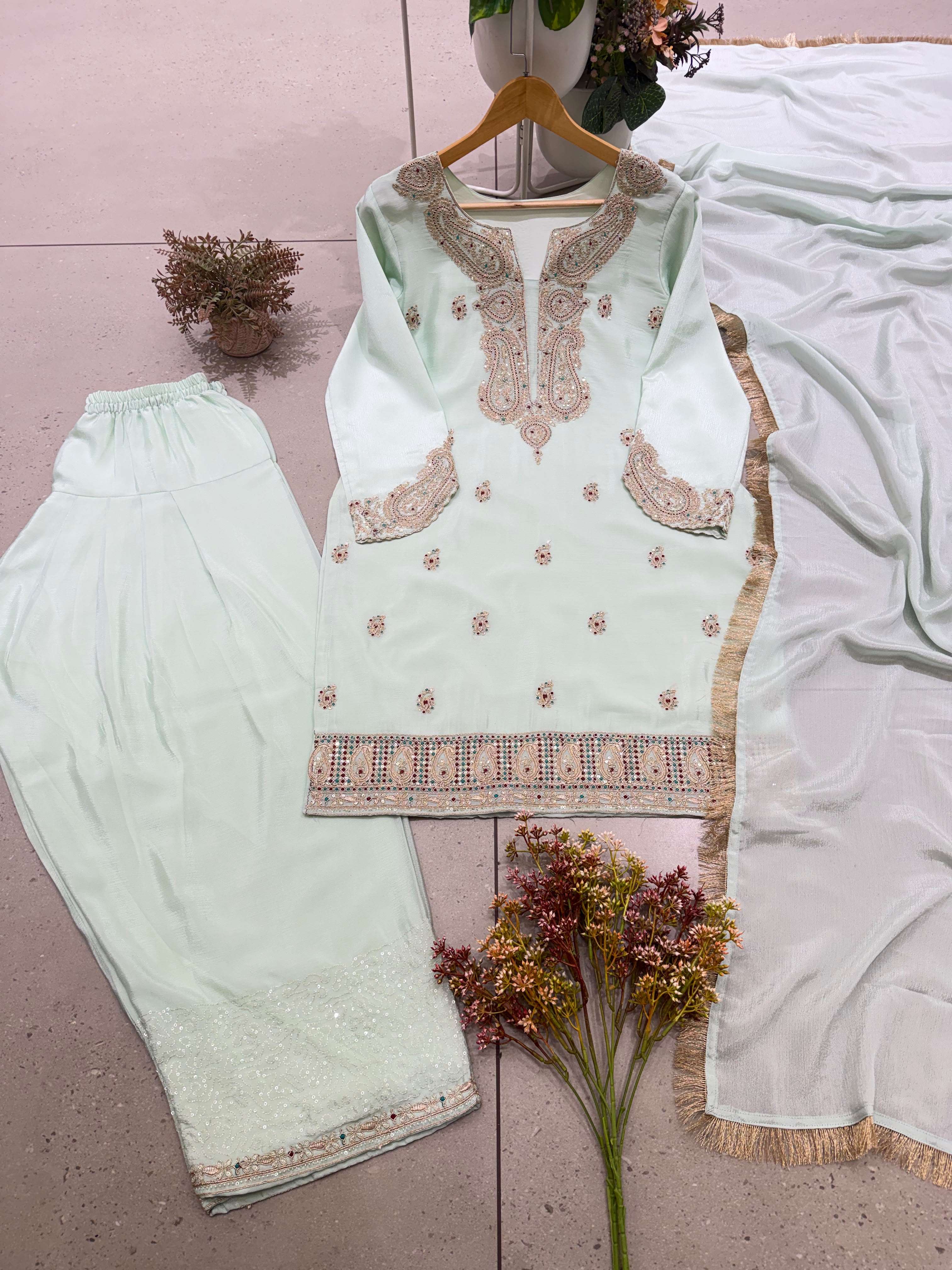 BE 515 DESIGNER WORKED FESTIVE WEAR TOP PLAZZO AND DUPATTA SET