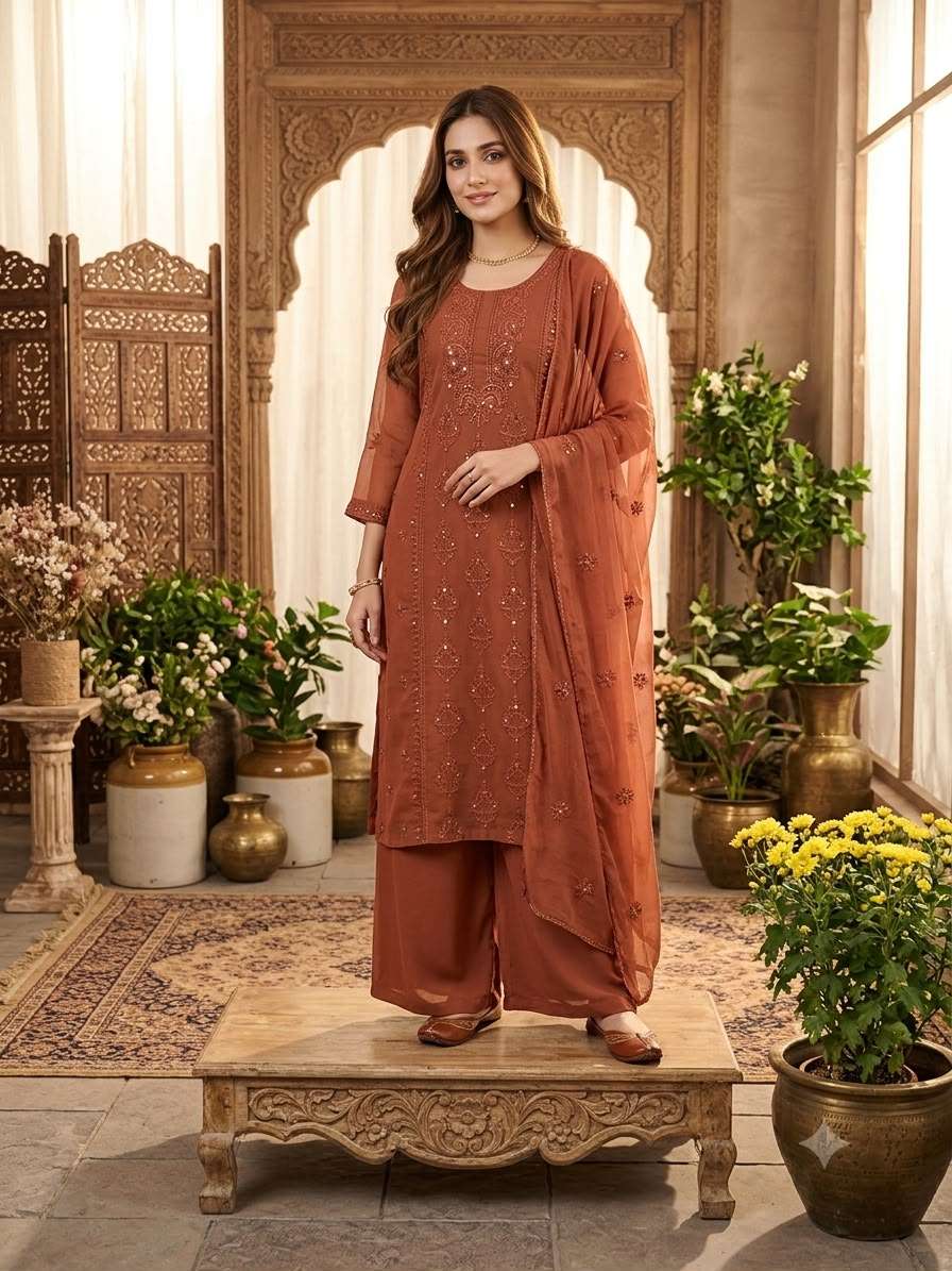 BE 519 GEORGETTE SEQUENCE EMBROIDERY WORK TOP PLAZZO AND DUPATTA SET
