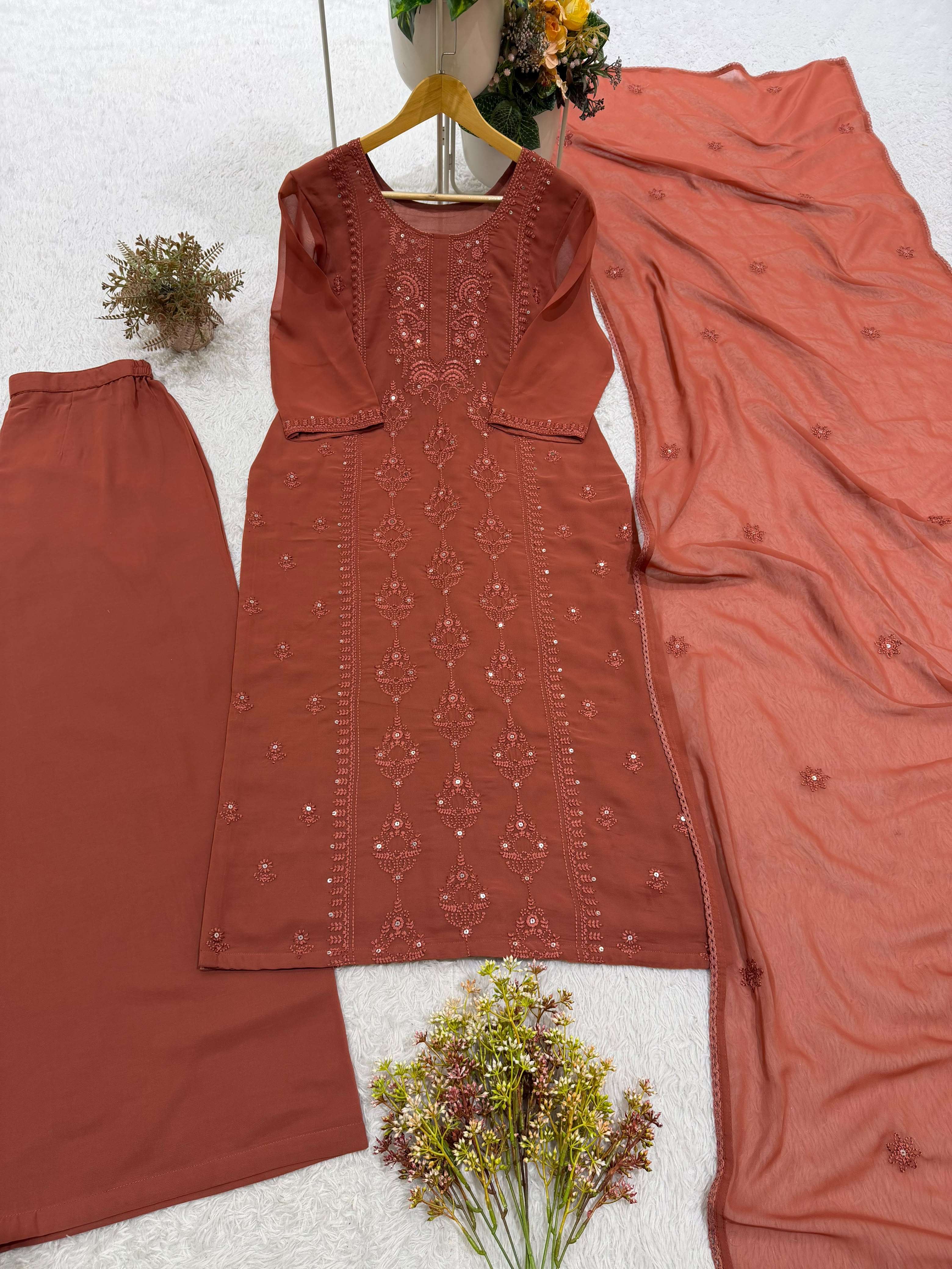 BE 519 GEORGETTE SEQUENCE EMBROIDERY WORK TOP PLAZZO AND DUPATTA SET
