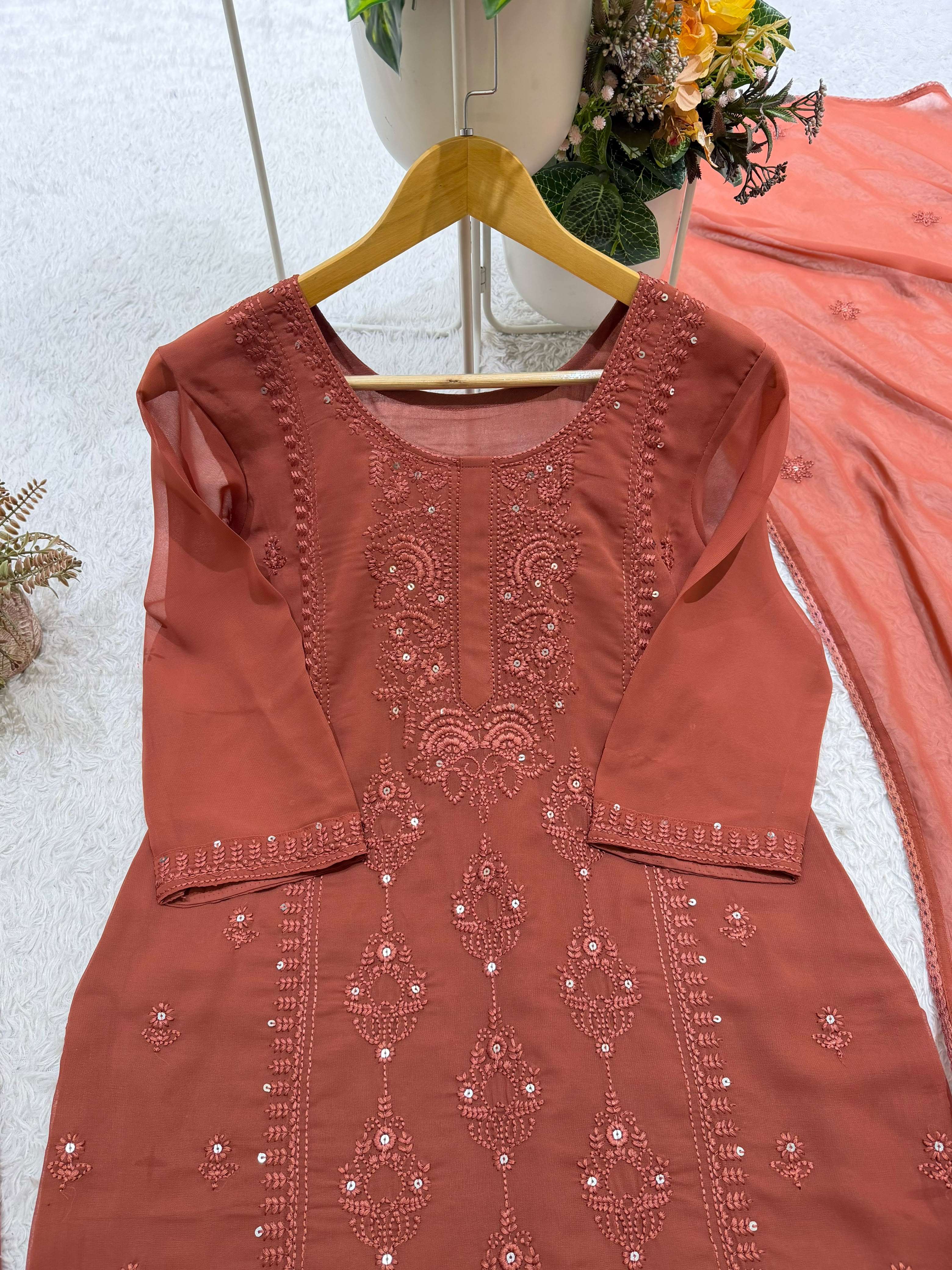 BE 519 GEORGETTE SEQUENCE EMBROIDERY WORK TOP PLAZZO AND DUPATTA SET