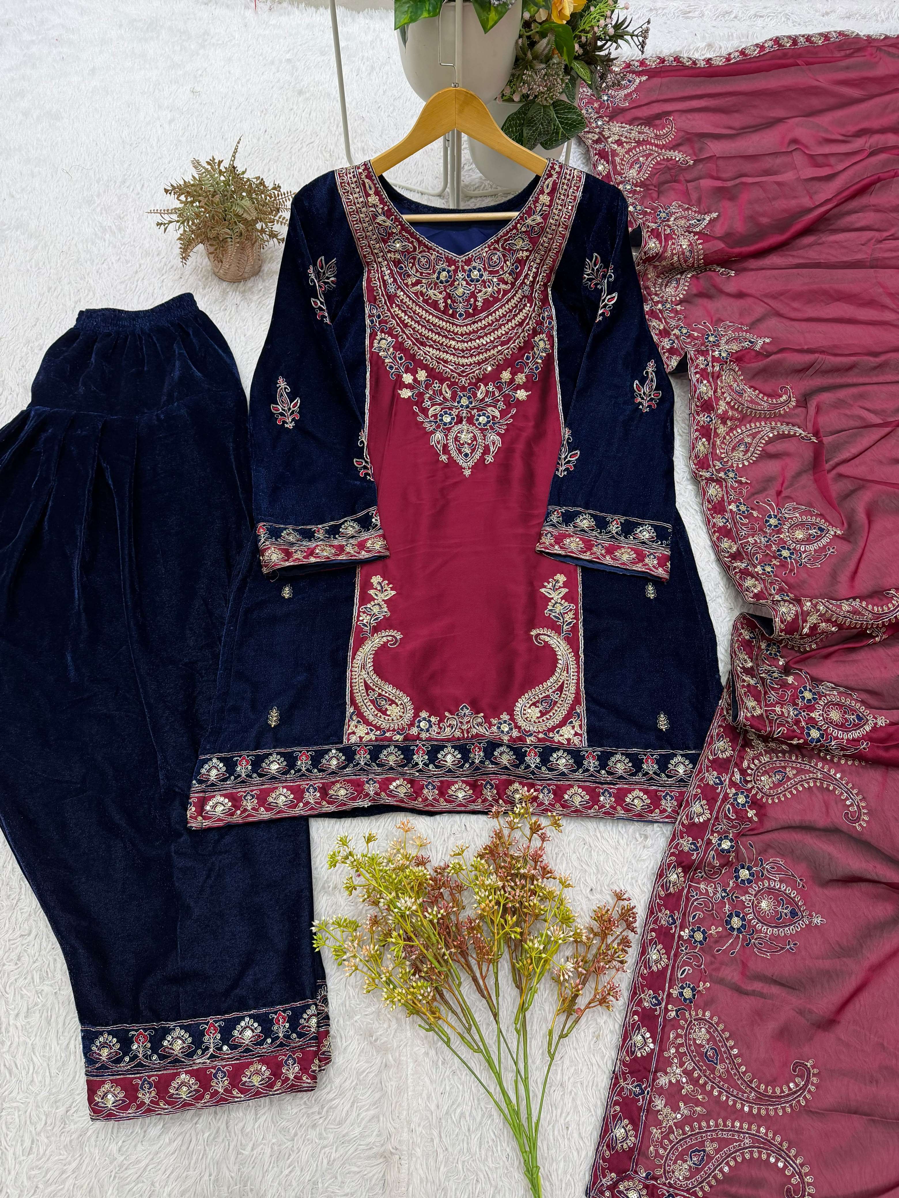 BE 522 VELVET BEAUTIFUL EMBROIDERED DESIGNER LOOK TOP SALWAR AND DUPATTA 