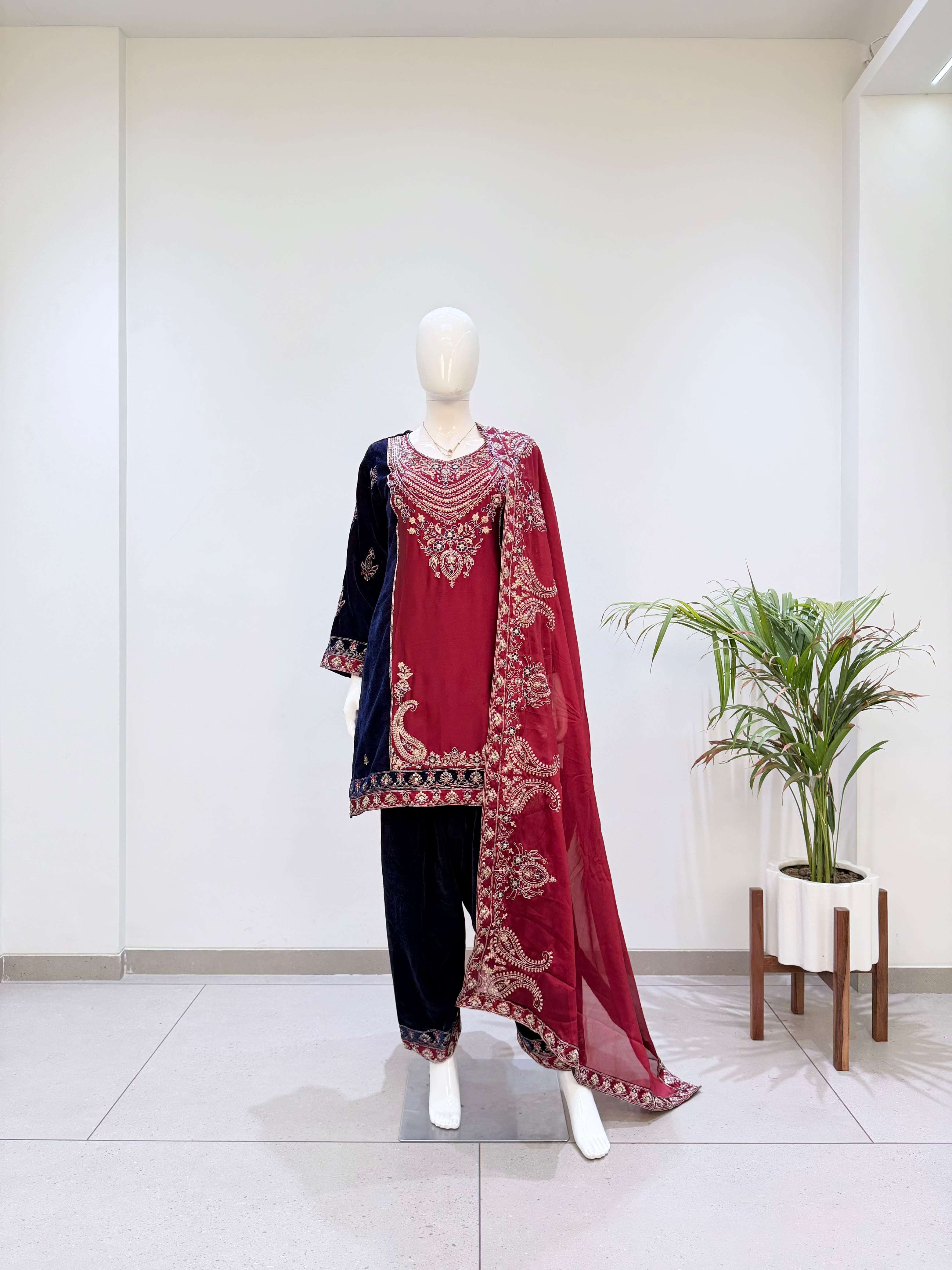 BE 522 VELVET BEAUTIFUL EMBROIDERED DESIGNER LOOK TOP SALWAR AND DUPATTA 