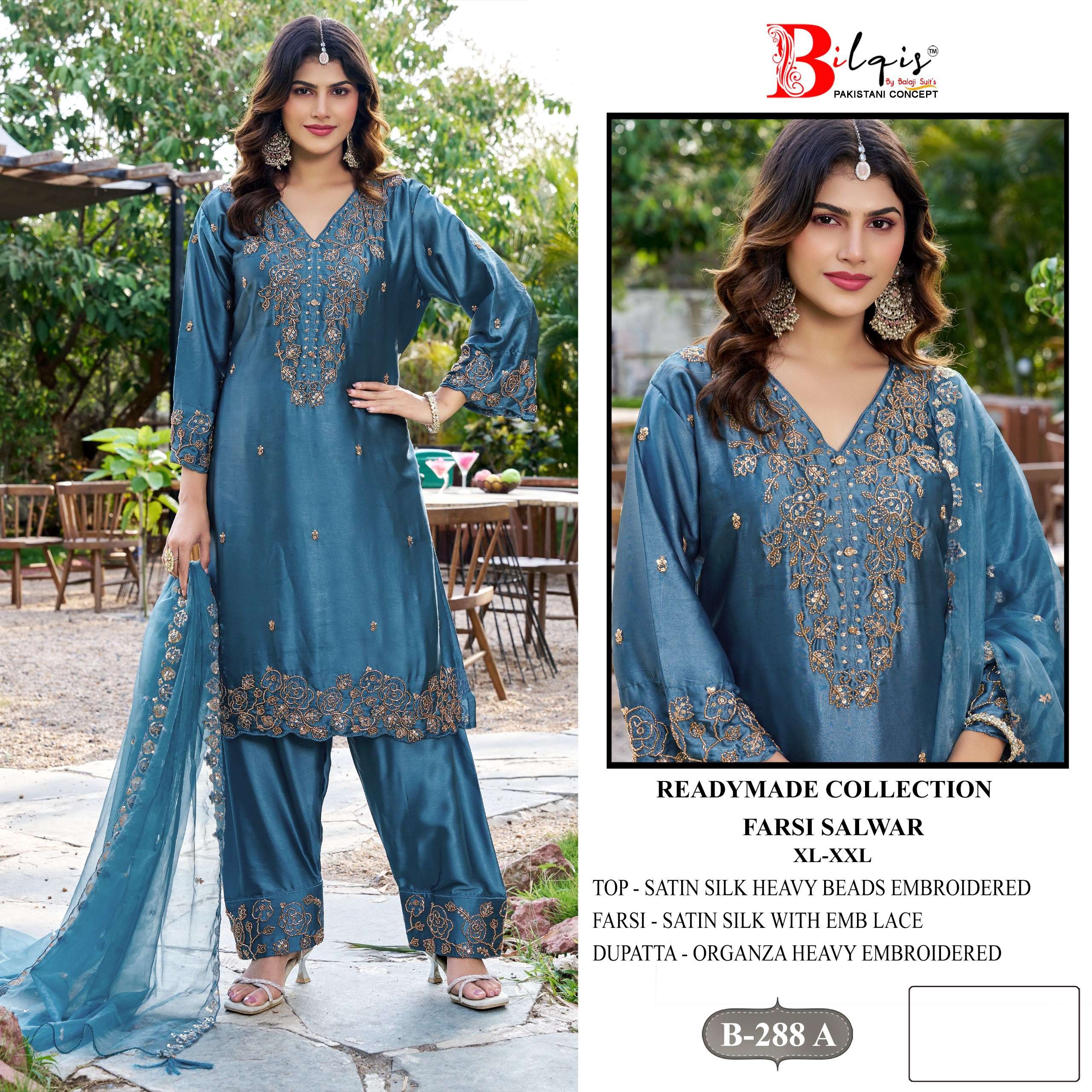 BILQIS B 288 SATIN SILK EMBROIDERED DESIGNER WORK READY MADE PAKISTANI SUIT 