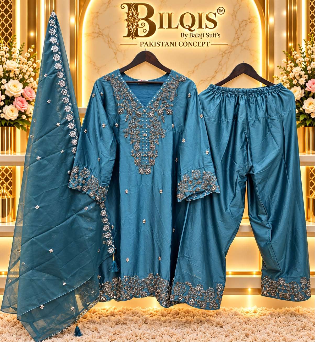 BILQIS B 288 SATIN SILK EMBROIDERED DESIGNER WORK READY MADE PAKISTANI SUIT 
