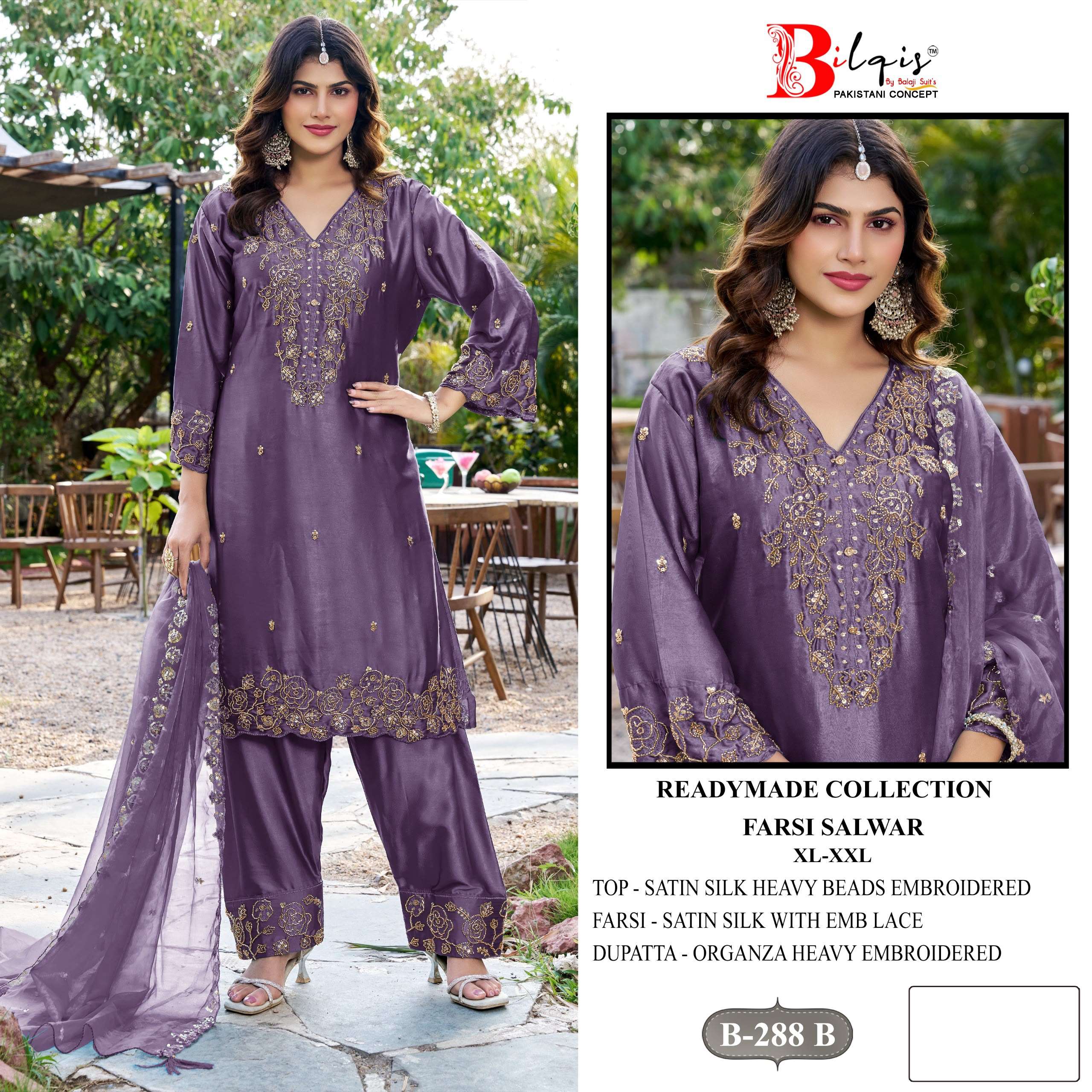 BILQIS B 288 SATIN SILK EMBROIDERED DESIGNER WORK READY MADE PAKISTANI SUIT 